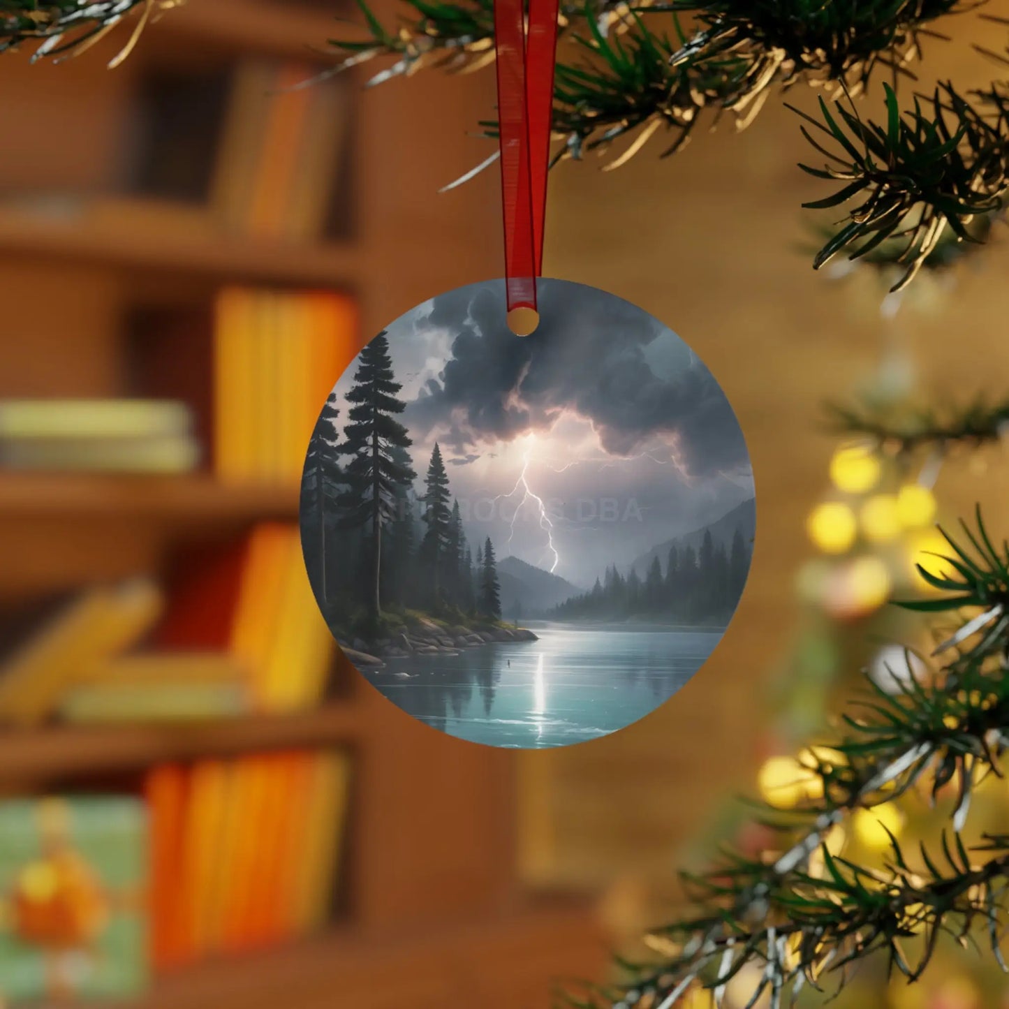 Bell Metal Ornament — Moody Mountain Lightning Lake Scene Holiday Decoration - Home Decor