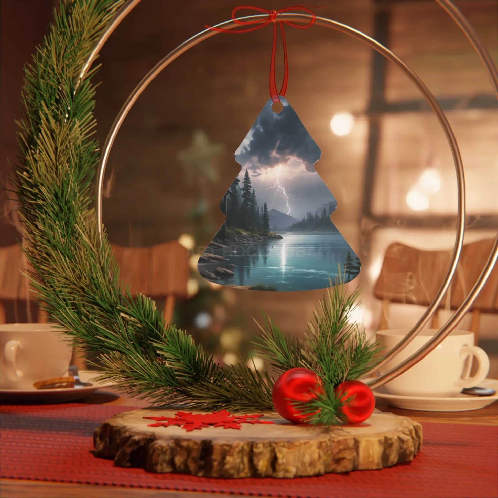 Bell Metal Ornament — Moody Mountain Lightning Lake Scene Holiday Decoration - Home Decor