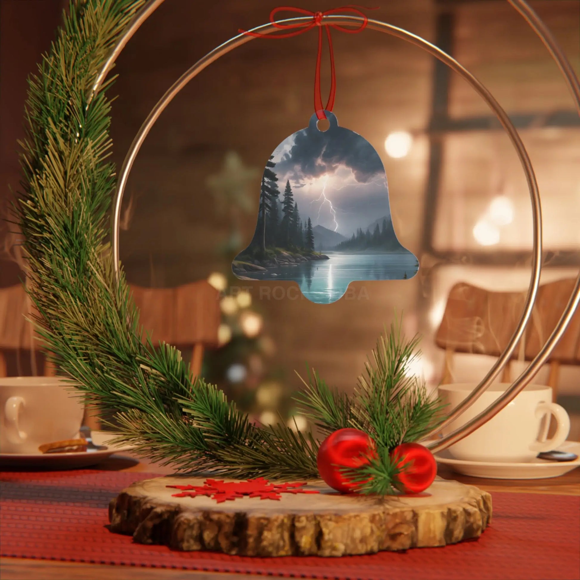 Bell Metal Ornament — Moody Mountain Lightning Lake Scene Holiday Decoration - Home Decor