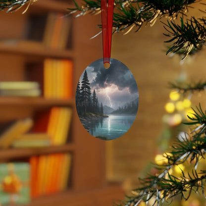 Bell Metal Ornament — Moody Mountain Lightning Lake Scene Holiday Decoration - Home Decor