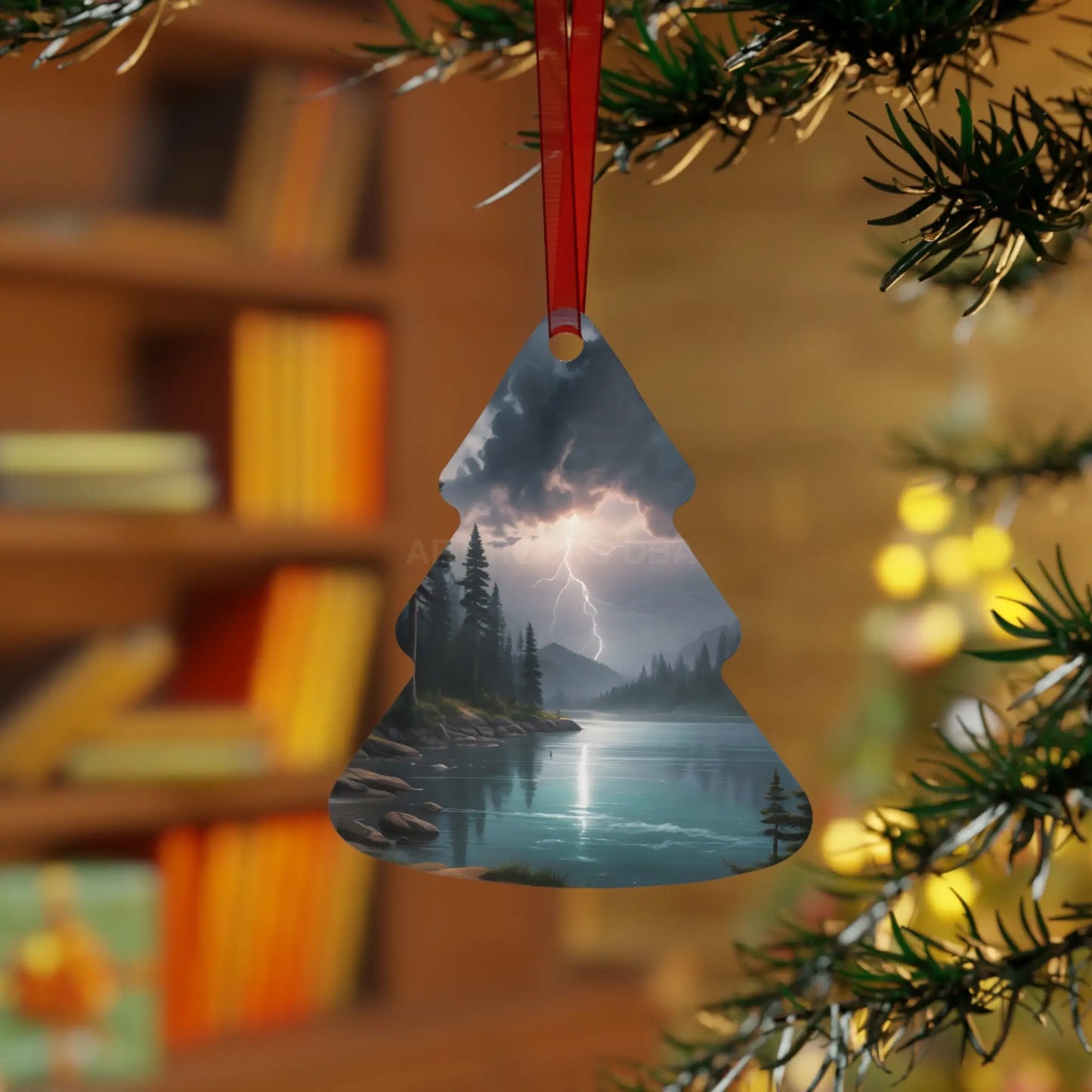 Bell Metal Ornament — Moody Mountain Lightning Lake Scene Holiday Decoration - Home Decor