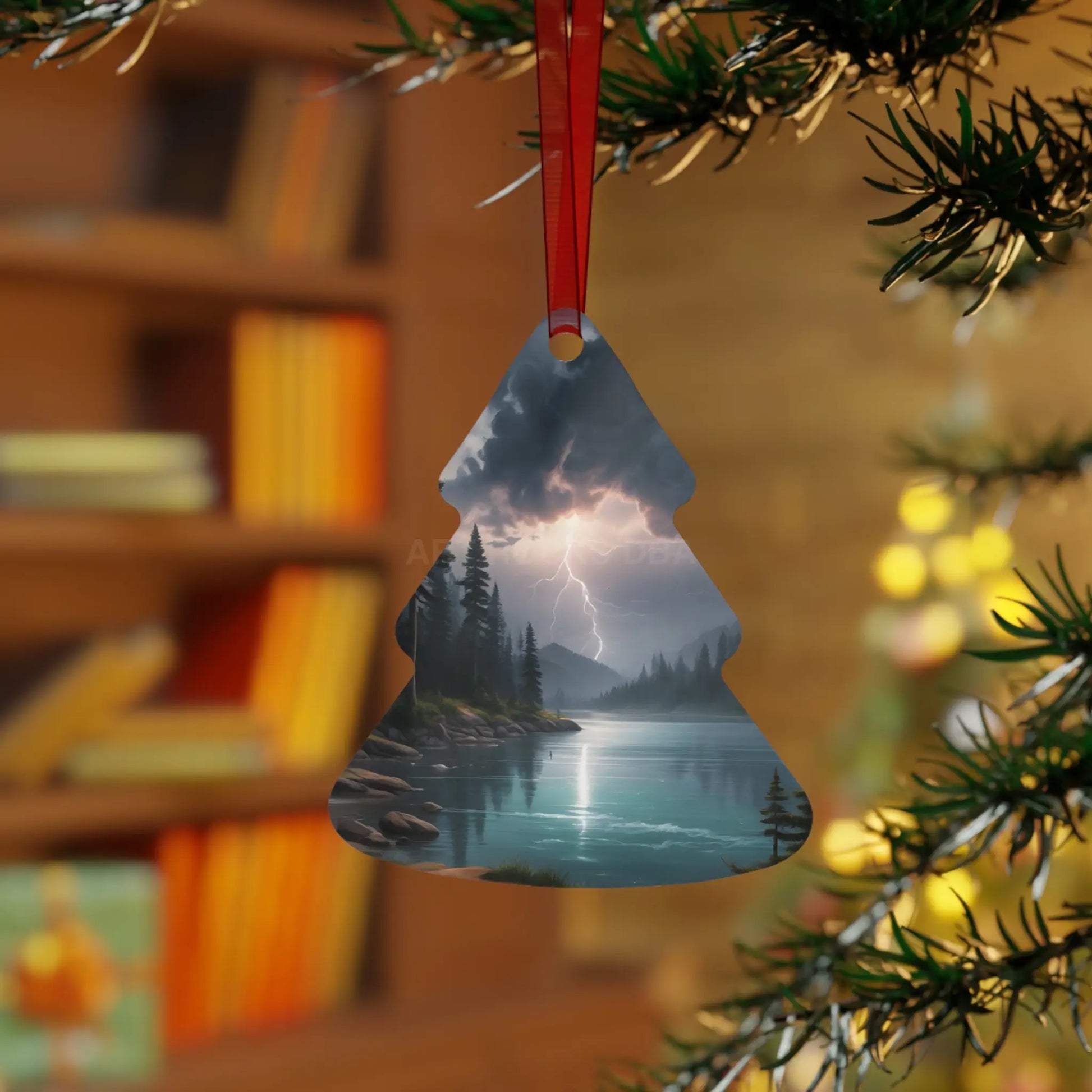 Bell Metal Ornament — Moody Mountain Lightning Lake Scene Holiday Decoration - Home Decor