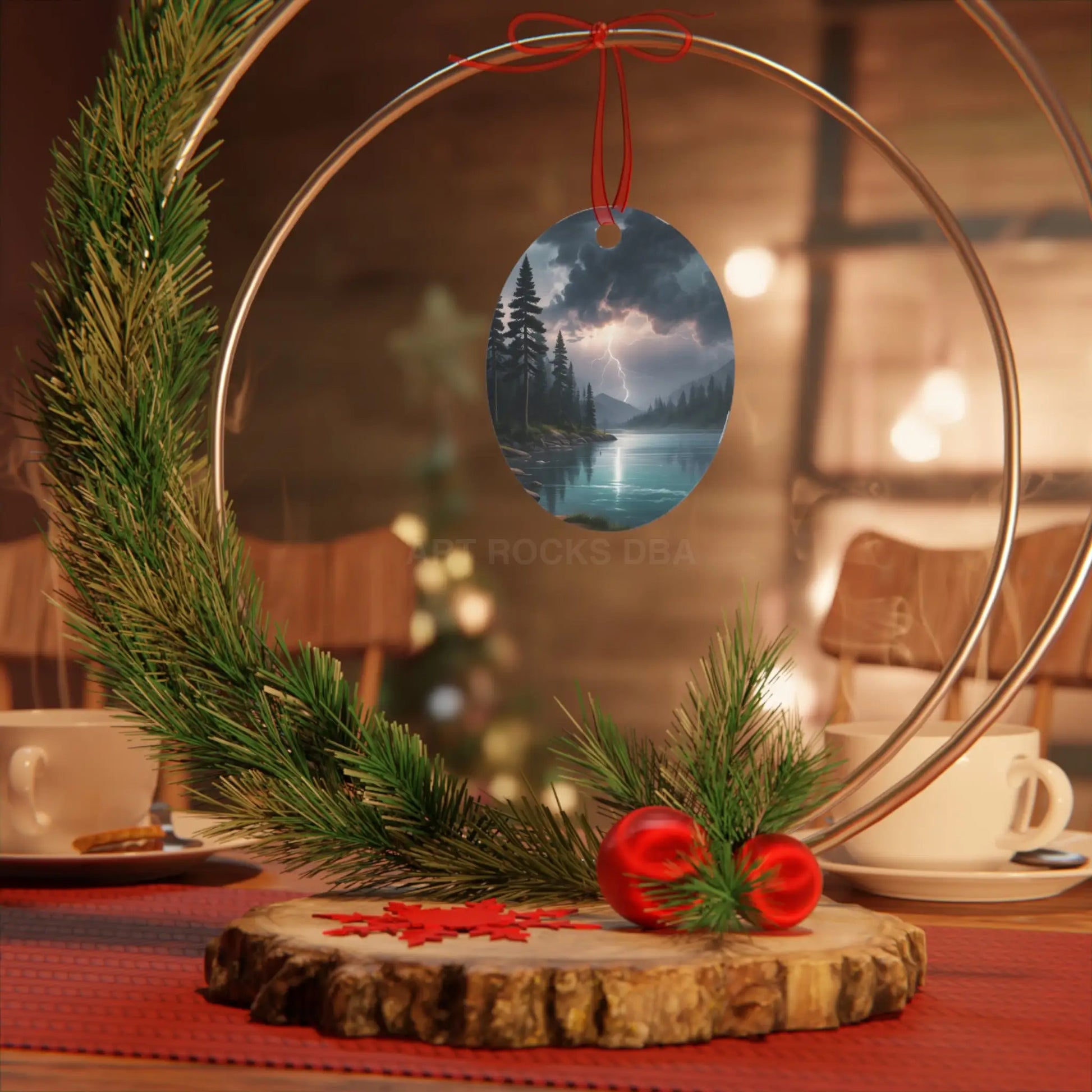 Bell Metal Ornament — Moody Mountain Lightning Lake Scene Holiday Decoration - Home Decor