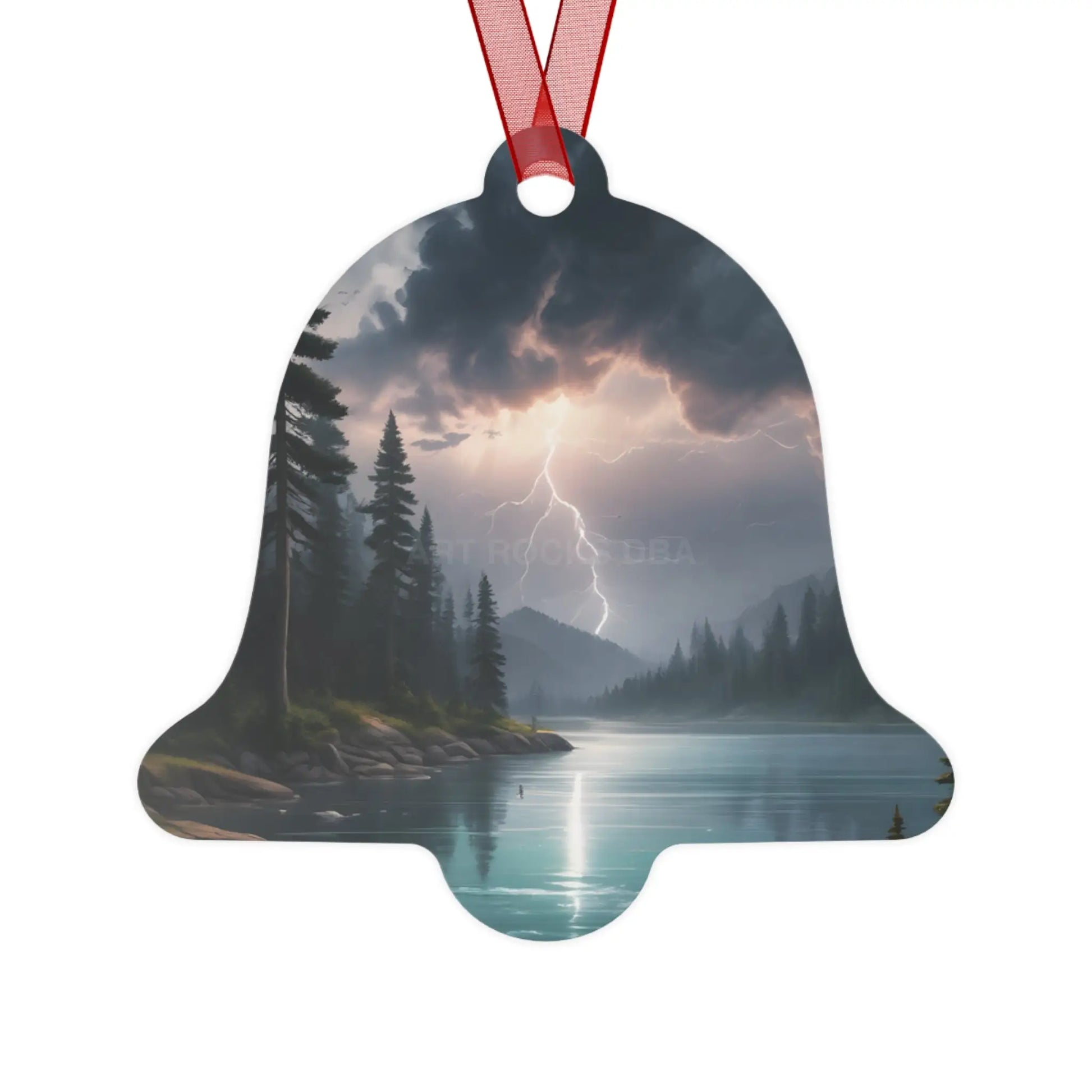 Bell Metal Ornament — Moody Mountain Lightning Lake Scene Holiday Decoration - Home Decor