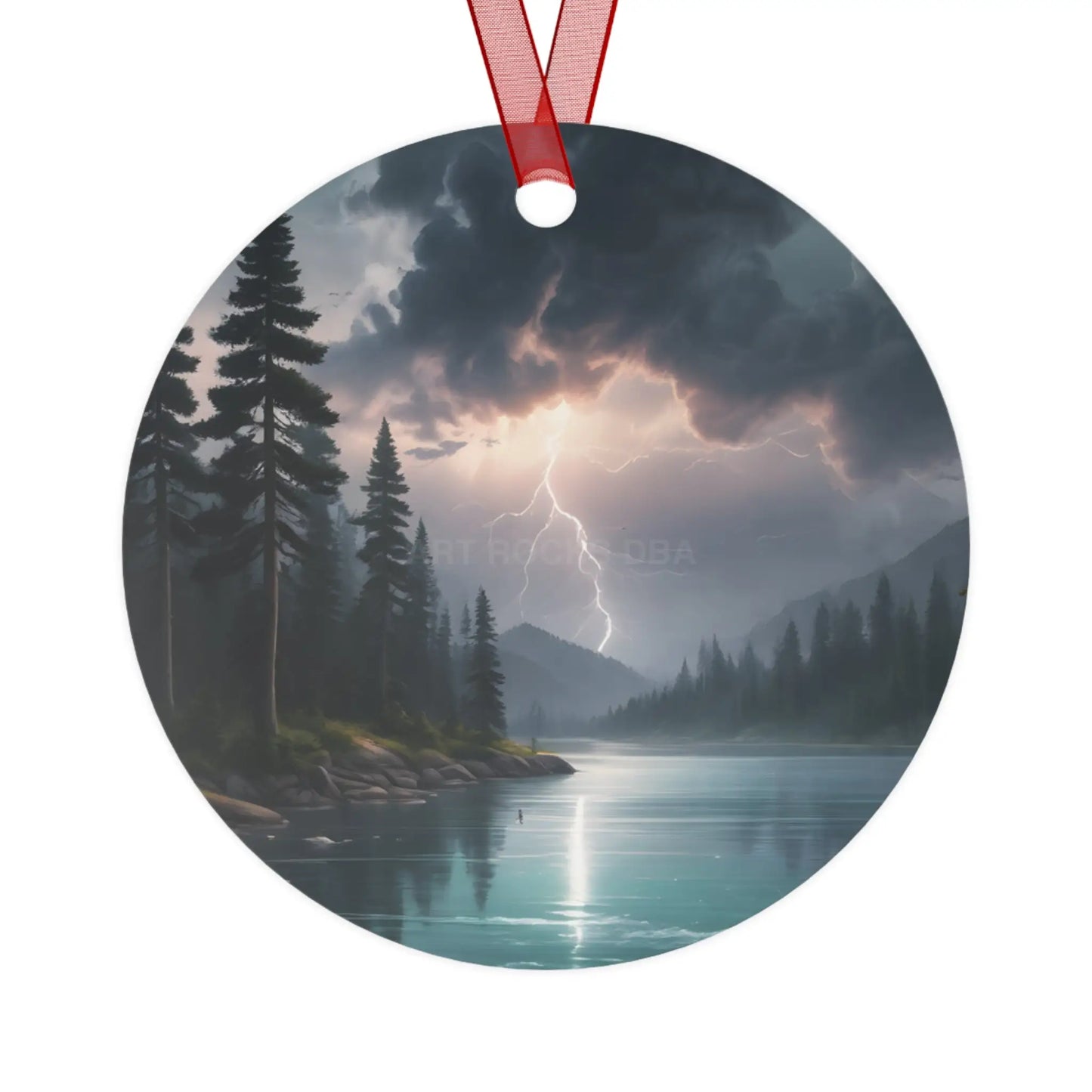 Bell Metal Ornament — Moody Mountain Lightning Lake Scene Holiday Decoration - Round / One Size - Home Decor