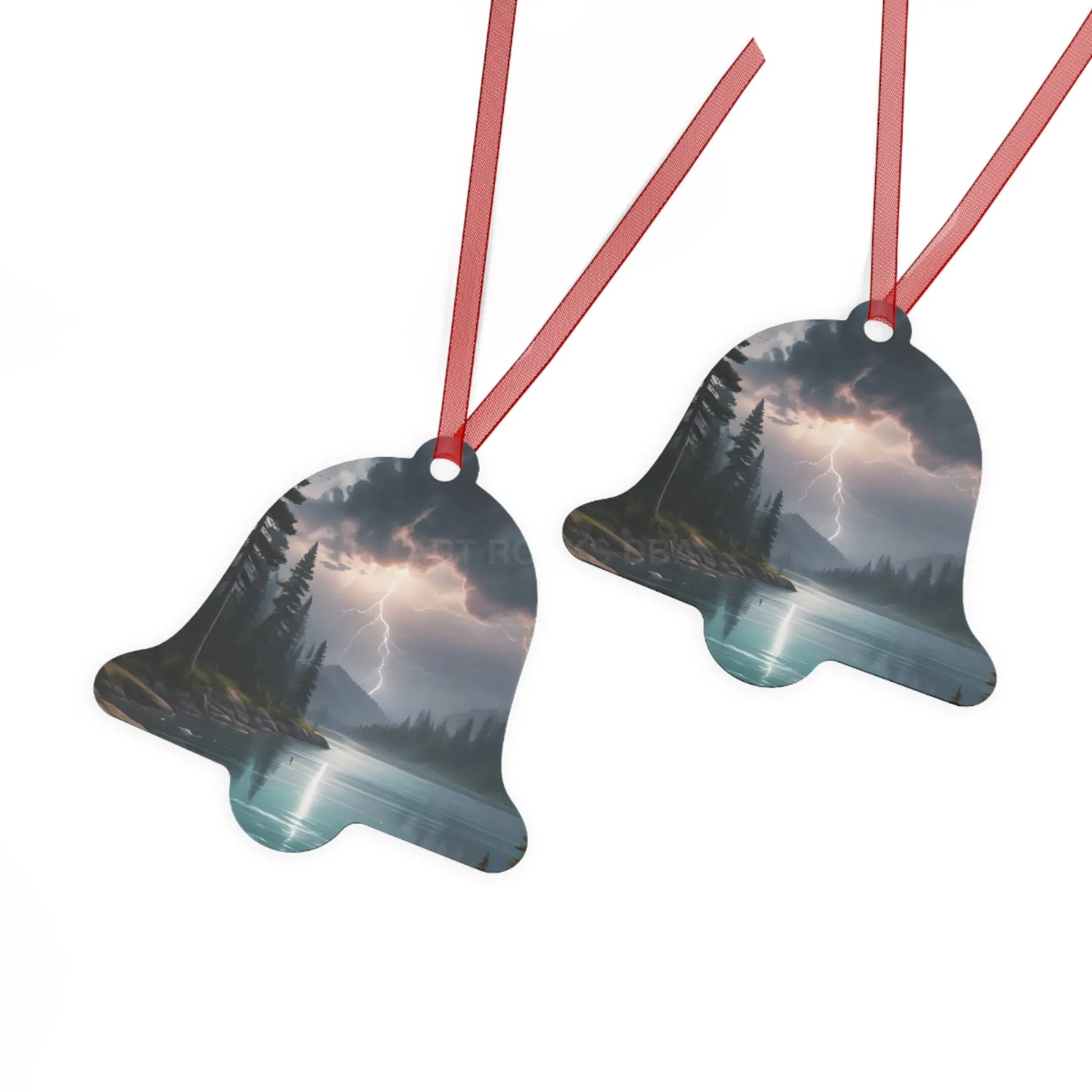 Bell Metal Ornament — Moody Mountain Lightning Lake Scene Holiday Decoration - Home Decor