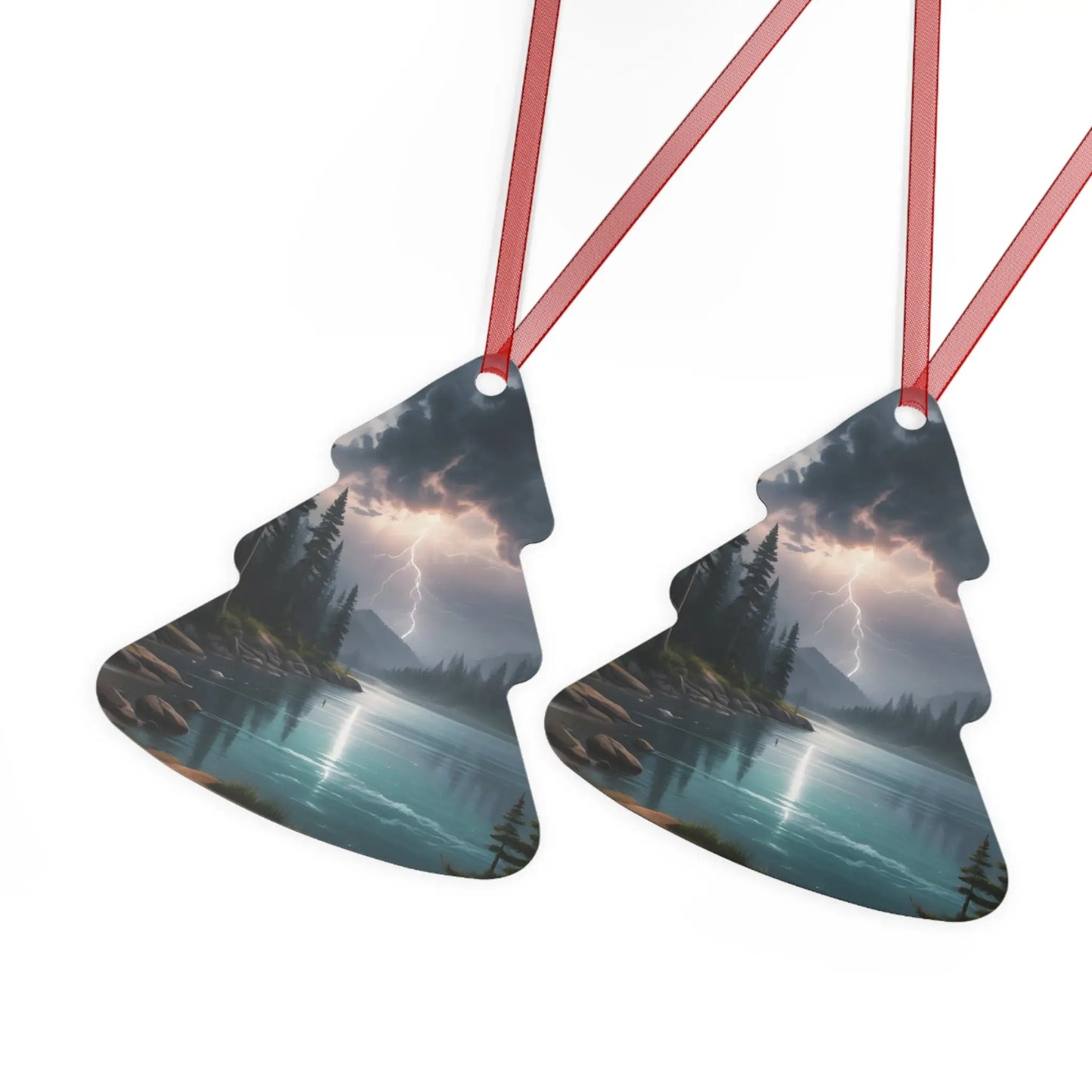 Bell Metal Ornament — Moody Mountain Lightning Lake Scene Holiday Decoration - Home Decor