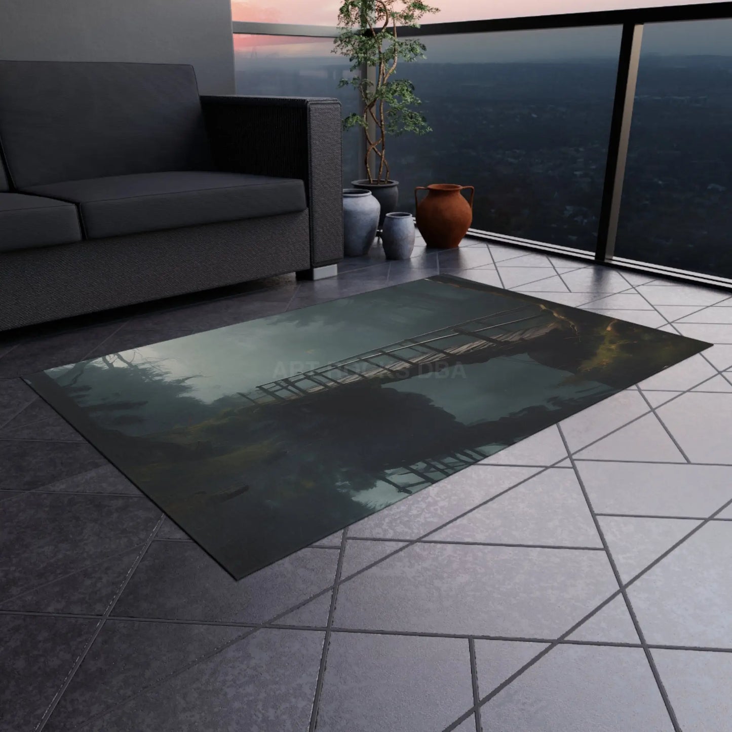 Bridge Over Tranquil River Reflection Outdoor Rug with Bridge Design Garden Decor Patio Mat Camping Accessories Cozy