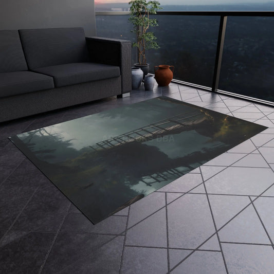 Bridge Over Tranquil River Reflection Outdoor Rug with Bridge Design Garden Decor Patio Mat Camping Accessories Cozy