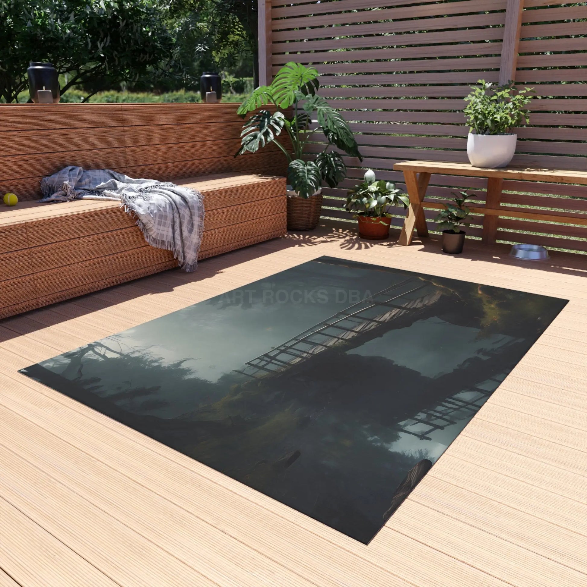 Bridge Over Tranquil River Reflection Outdoor Rug with Bridge Design Garden Decor Patio Mat Camping Accessories Cozy