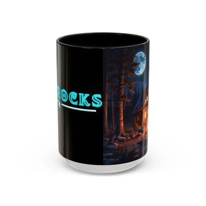 Cabin Campfire Coffee Mug — Moonlit Forest Rustic Ceramic Accent Mug (11/15oz) - 15oz / Black - Mug