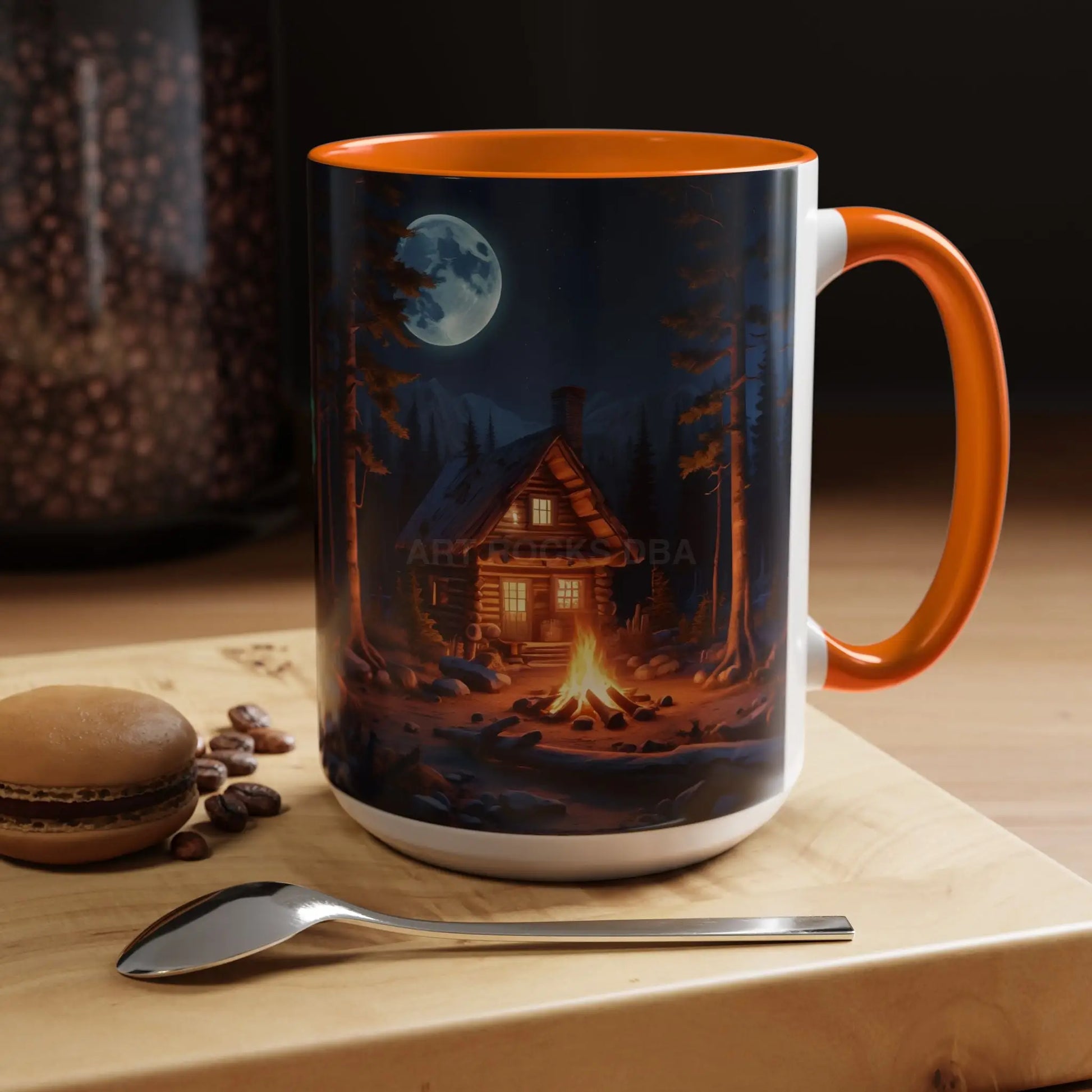 Cabin Campfire Coffee Mug — Moonlit Forest Rustic Ceramic Accent Mug (11/15oz) - Mug