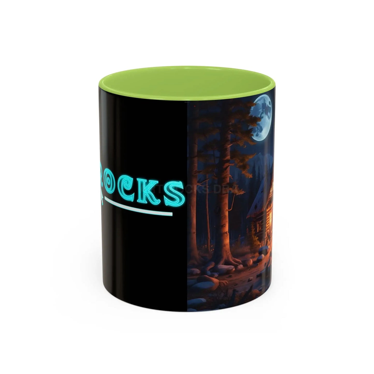 Cabin Campfire Coffee Mug — Moonlit Forest Rustic Ceramic Accent Mug (11/15oz) - 11oz / Light Green - Mug