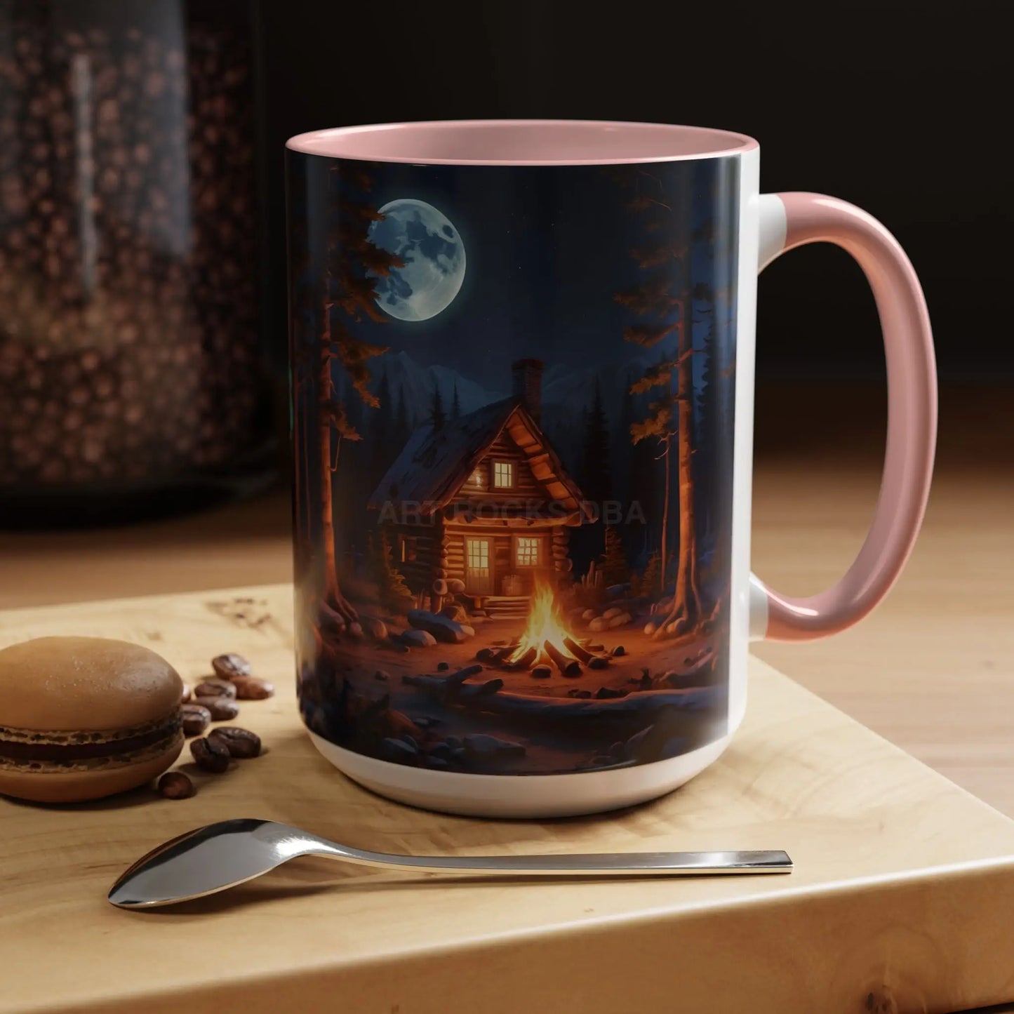 Cabin Campfire Coffee Mug — Moonlit Forest Rustic Ceramic Accent Mug (11/15oz) - Mug