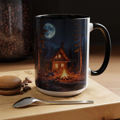 Cabin Campfire Coffee Mug — Moonlit Forest Rustic Ceramic Accent Mug (11/15oz) - Mug
