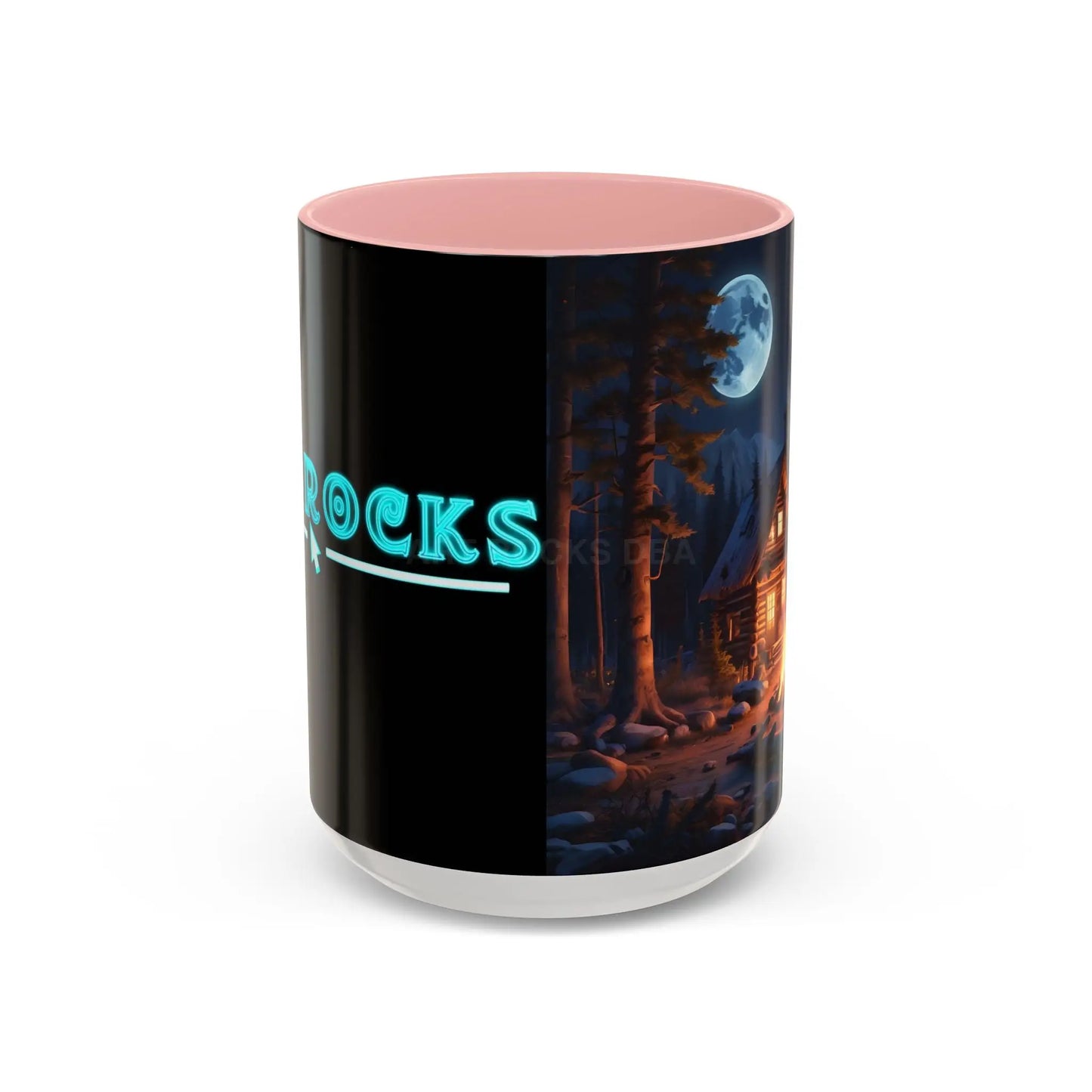 Cabin Campfire Coffee Mug — Moonlit Forest Rustic Ceramic Accent Mug (11/15oz) - 15oz / Pink - Mug