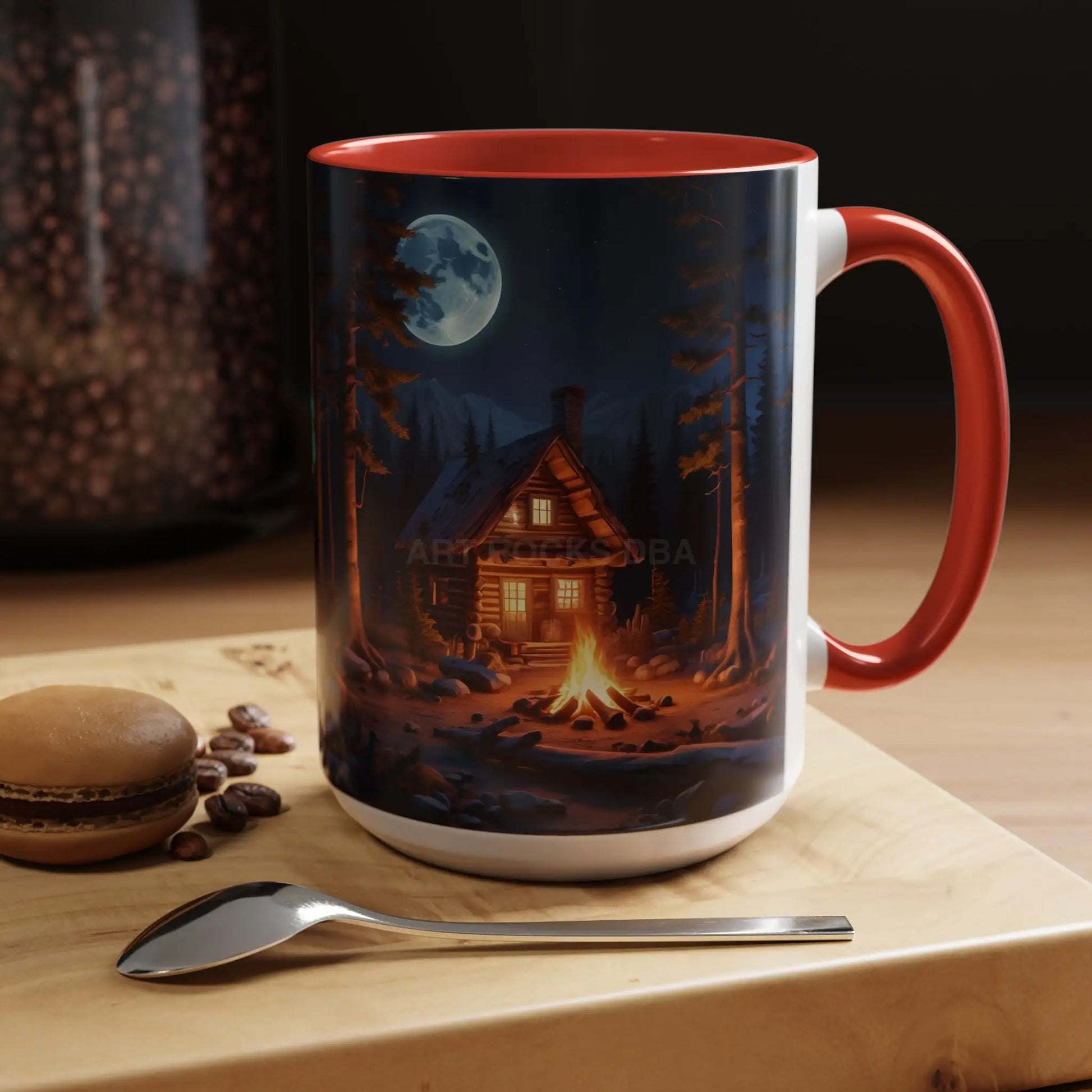 Cabin Campfire Coffee Mug — Moonlit Forest Rustic Ceramic Accent Mug (11/15oz) - Mug