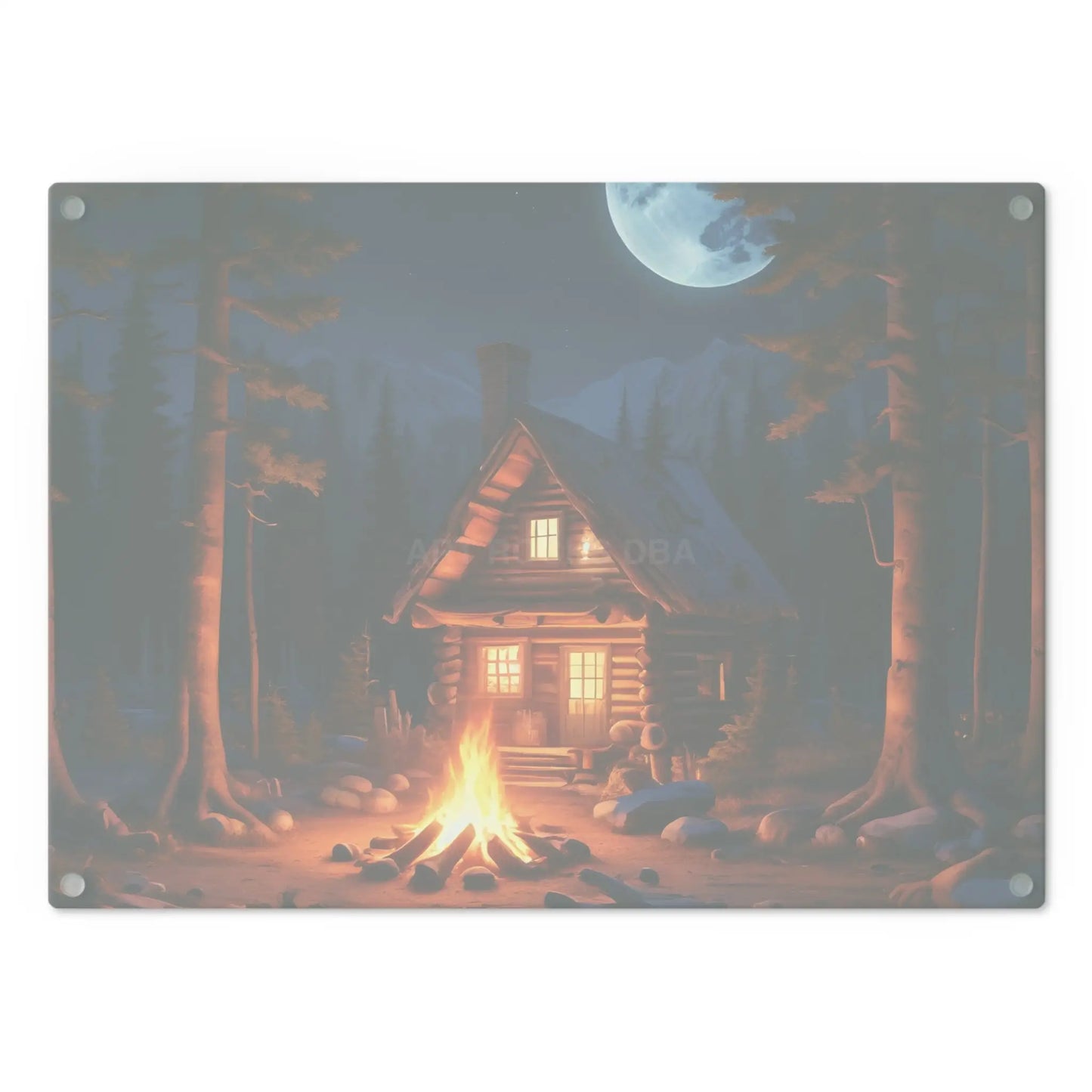 Cabin Campfire Cutting Board – Moonlit Log Cabin Kitchen Board - Home Decor