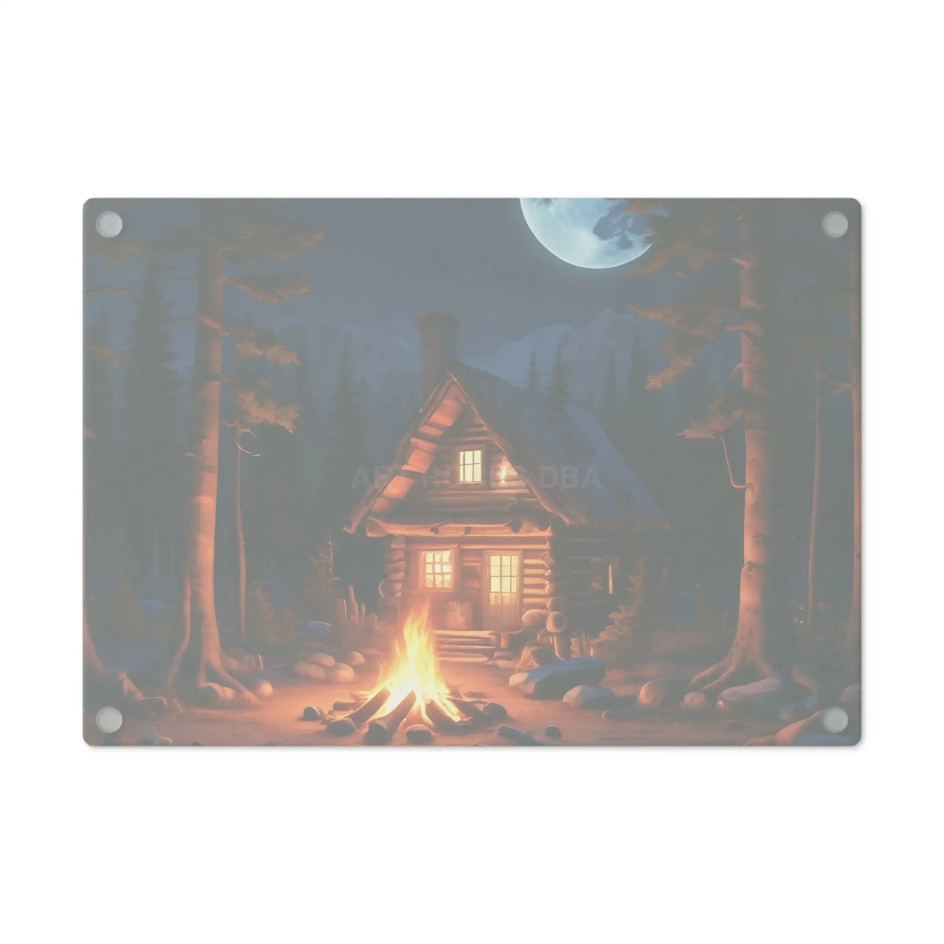 Cabin Campfire Cutting Board – Moonlit Log Cabin Kitchen Board - Home Decor