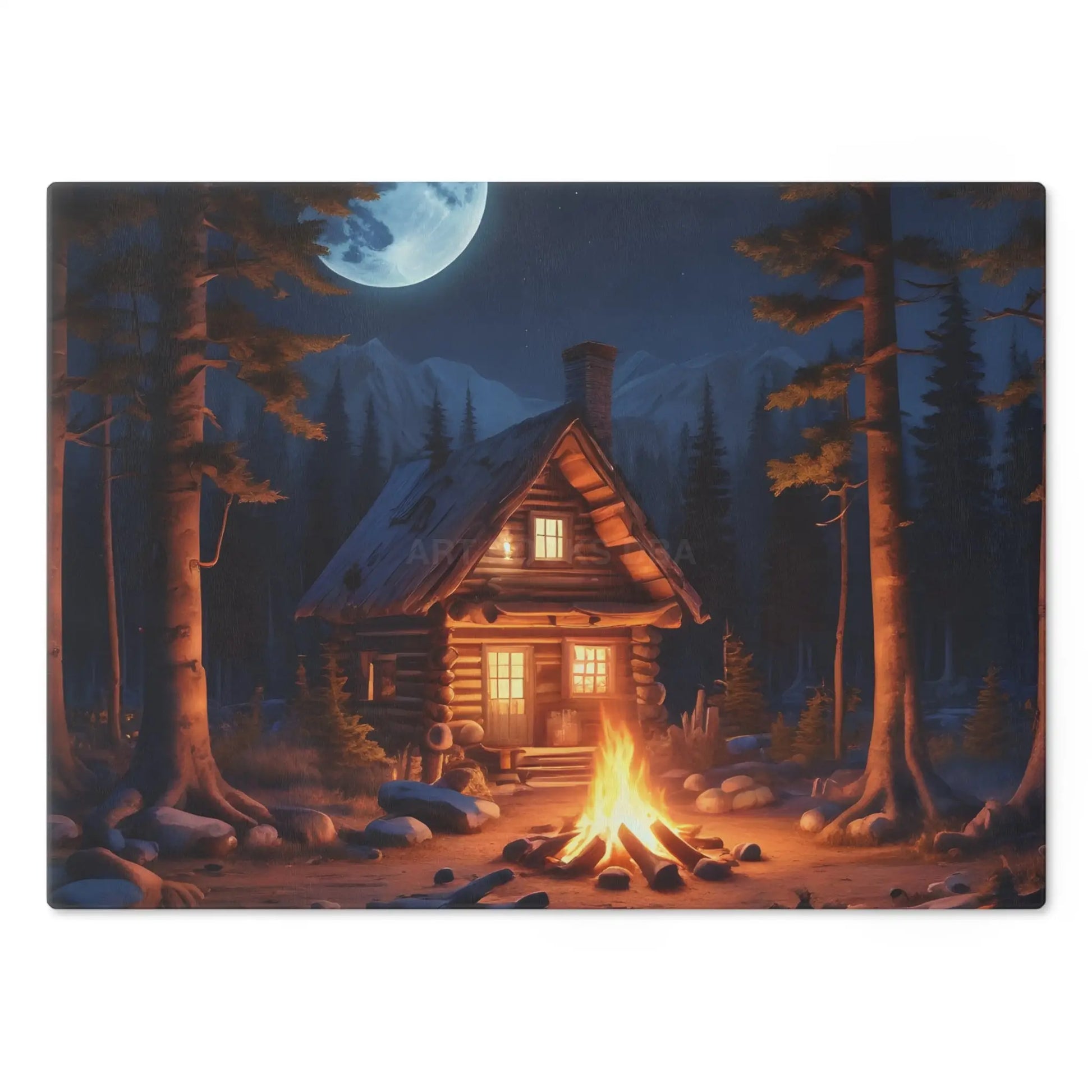 Cabin Campfire Cutting Board – Moonlit Log Cabin Kitchen Board - Home Decor