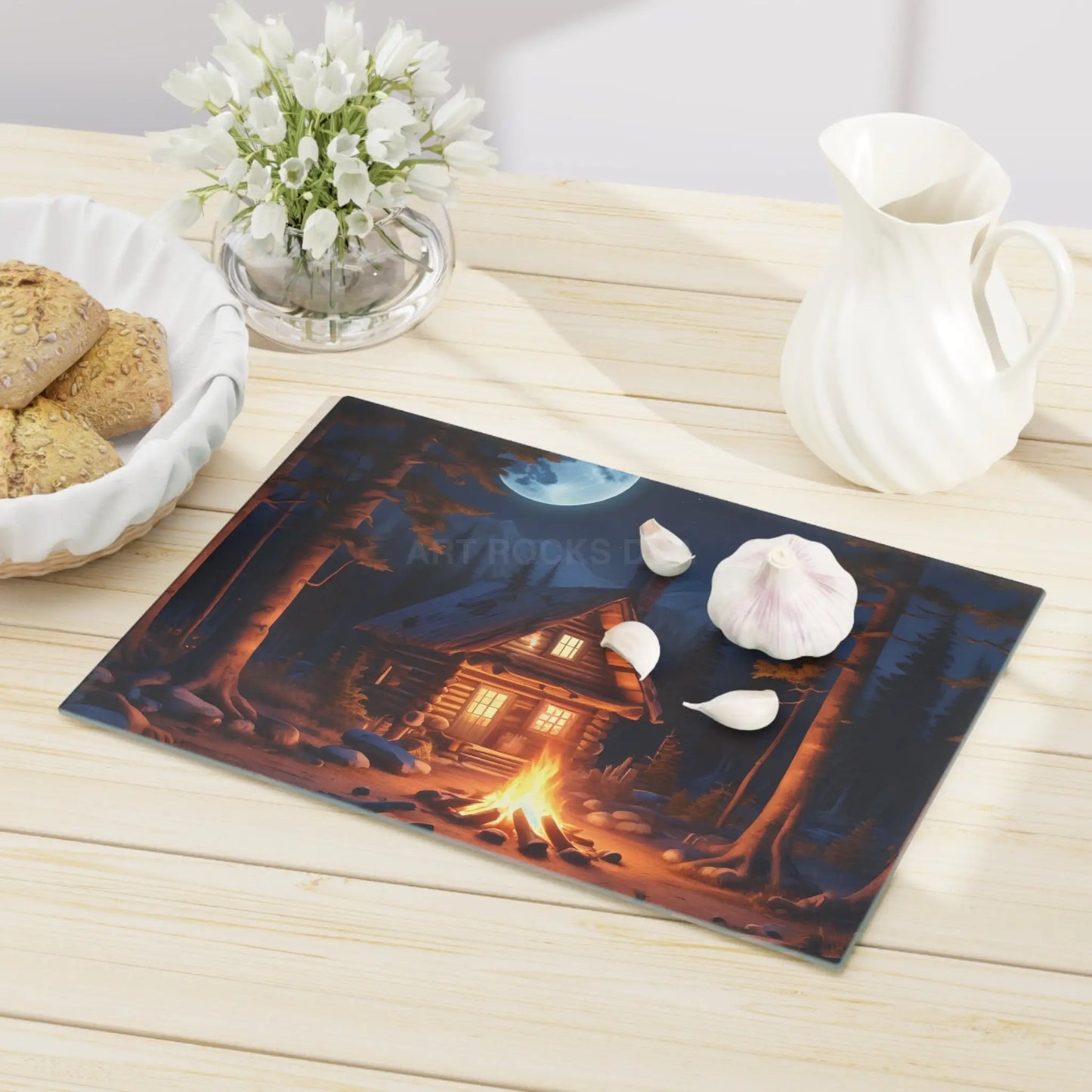 Cabin Campfire Cutting Board – Moonlit Log Cabin Kitchen Board - Home Decor