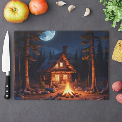 Cabin Campfire Cutting Board – Moonlit Log Cabin Kitchen Board - Large - Home Decor