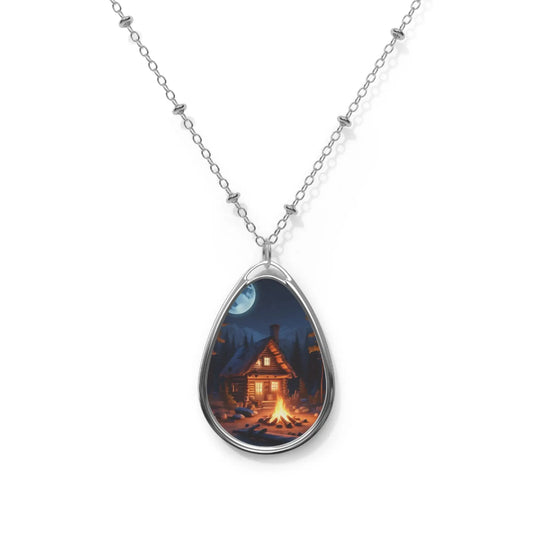 Cabin Campfire Oval Necklace — Silver Teardrop Pendant with Cozy Night Lodge Design - One Size / Silver - Accessories