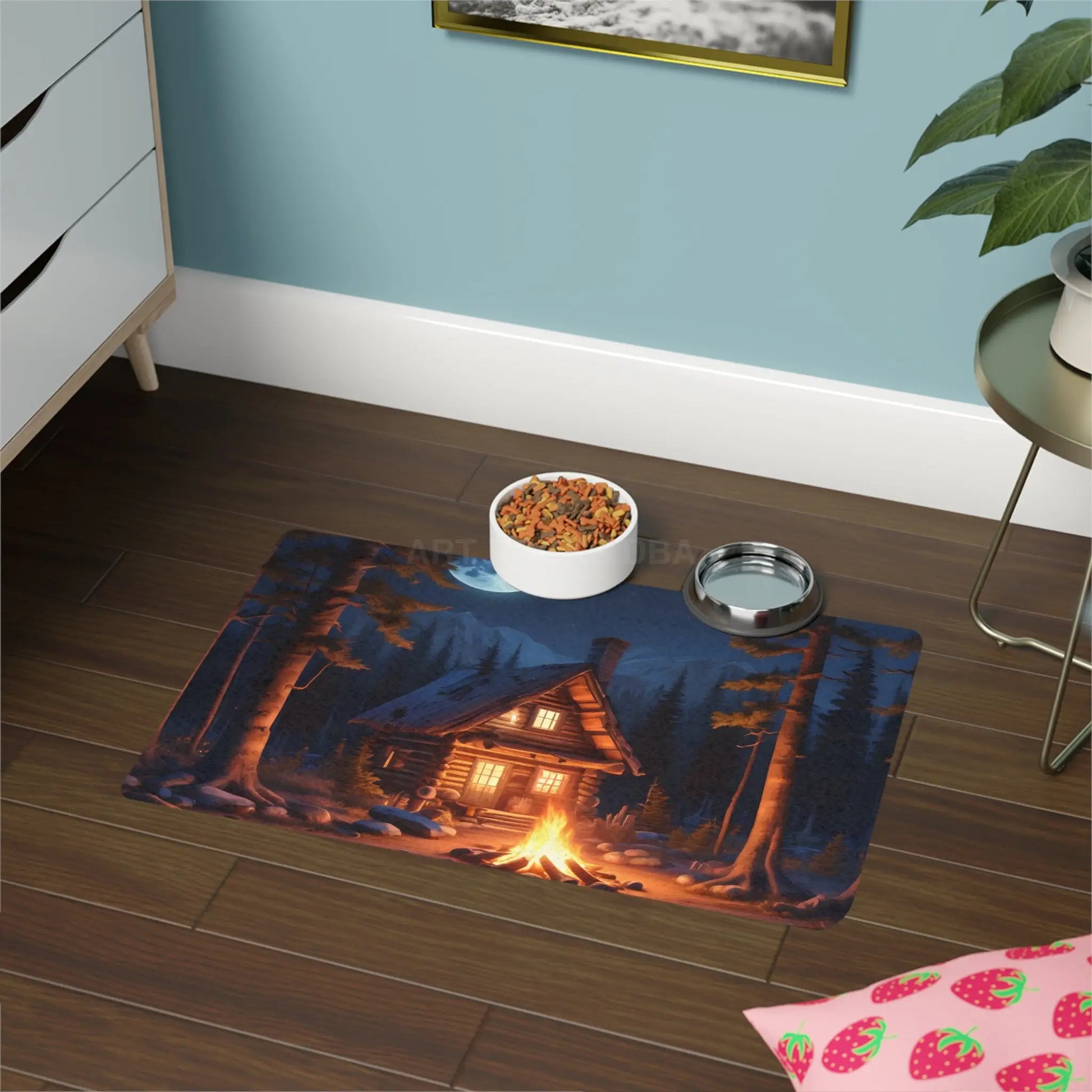 Cabin Campfire Pet Food Mat (12x18) - Rustic Night Forest Dog & Cat Bowl Placemat - 12’’ × 18’’ / Rectangle - Pets