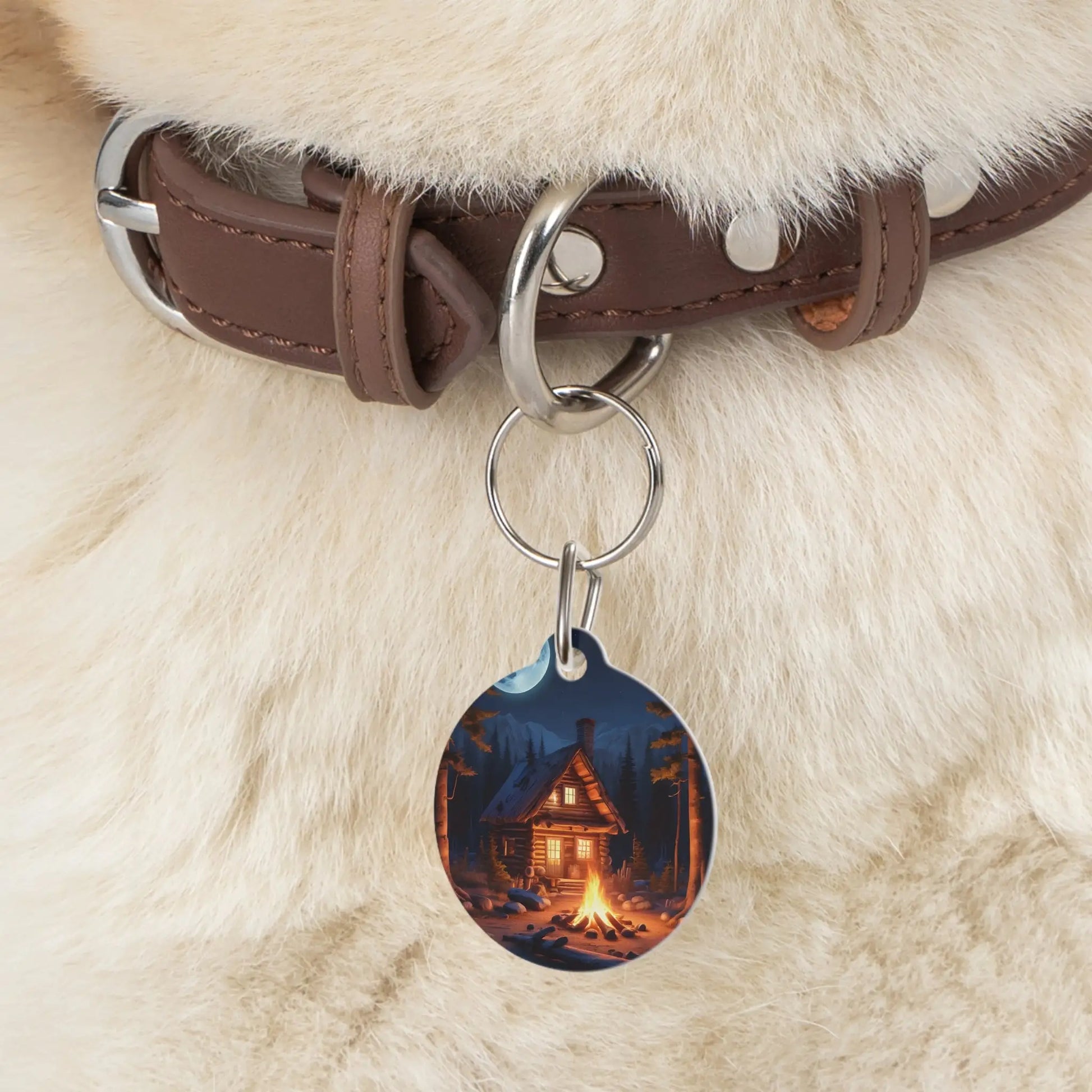 Cabin Campfire Pet Tag — Cozy Night Forest Dog ID Collar Charm - 1’’ - Pets