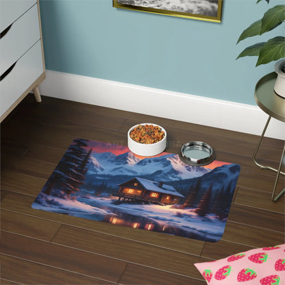 Cabin in Snow Pet Food Mat (12x18) — Cozy Winter Cabin Dog & Cat Feeding Mat - 12’’ × 18’’ / Rectangle - Pets