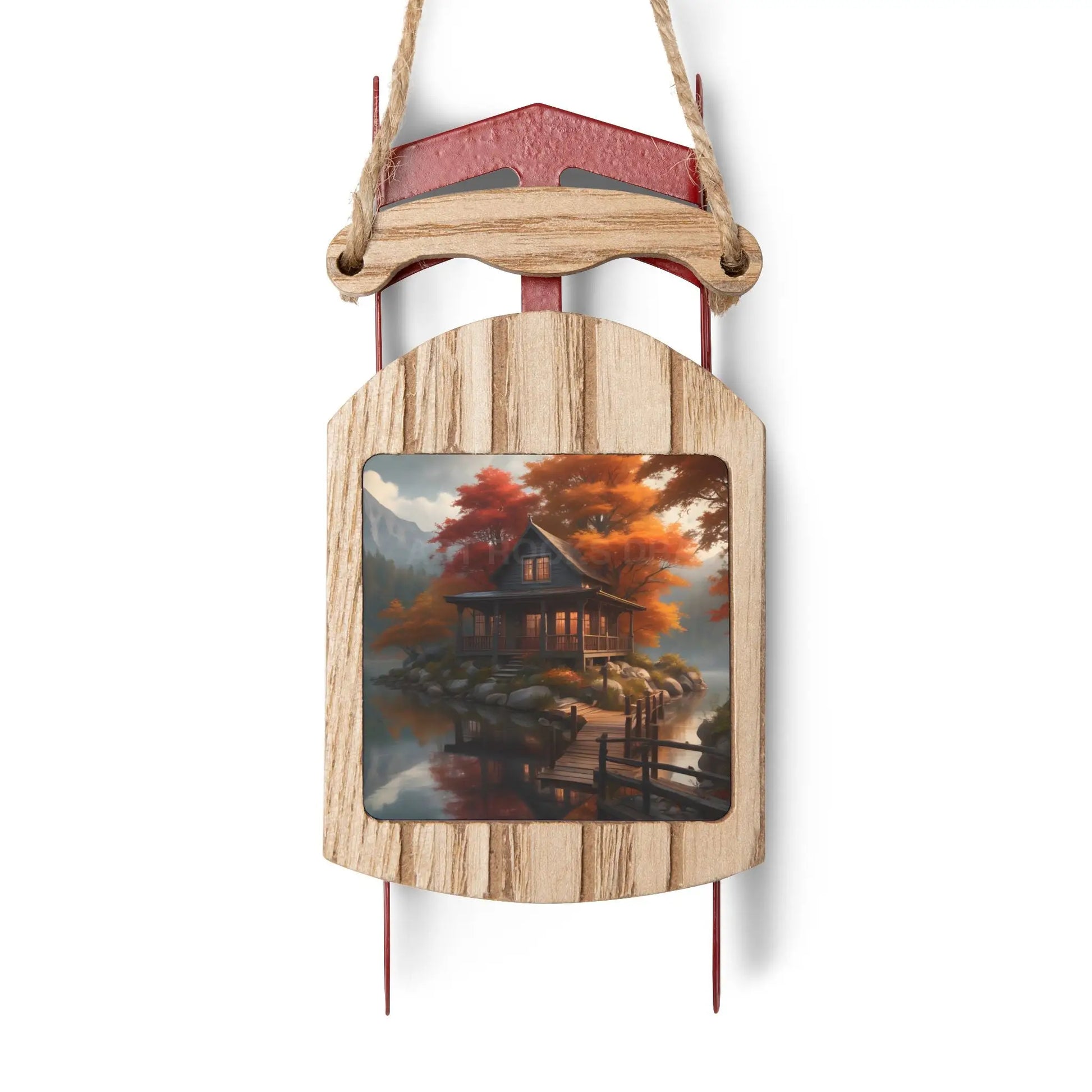 Cabin in the Autumn Lake Sled Ornament — Rustic Fall Cabin Décor - 2.1’’ × 4.6’’ / 1 pc - Home Decor