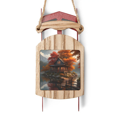 Cabin in the Autumn Lake Sled Ornament — Rustic Fall Cabin Décor - 2.1’’ × 4.6’’ / 1 pc - Home Decor