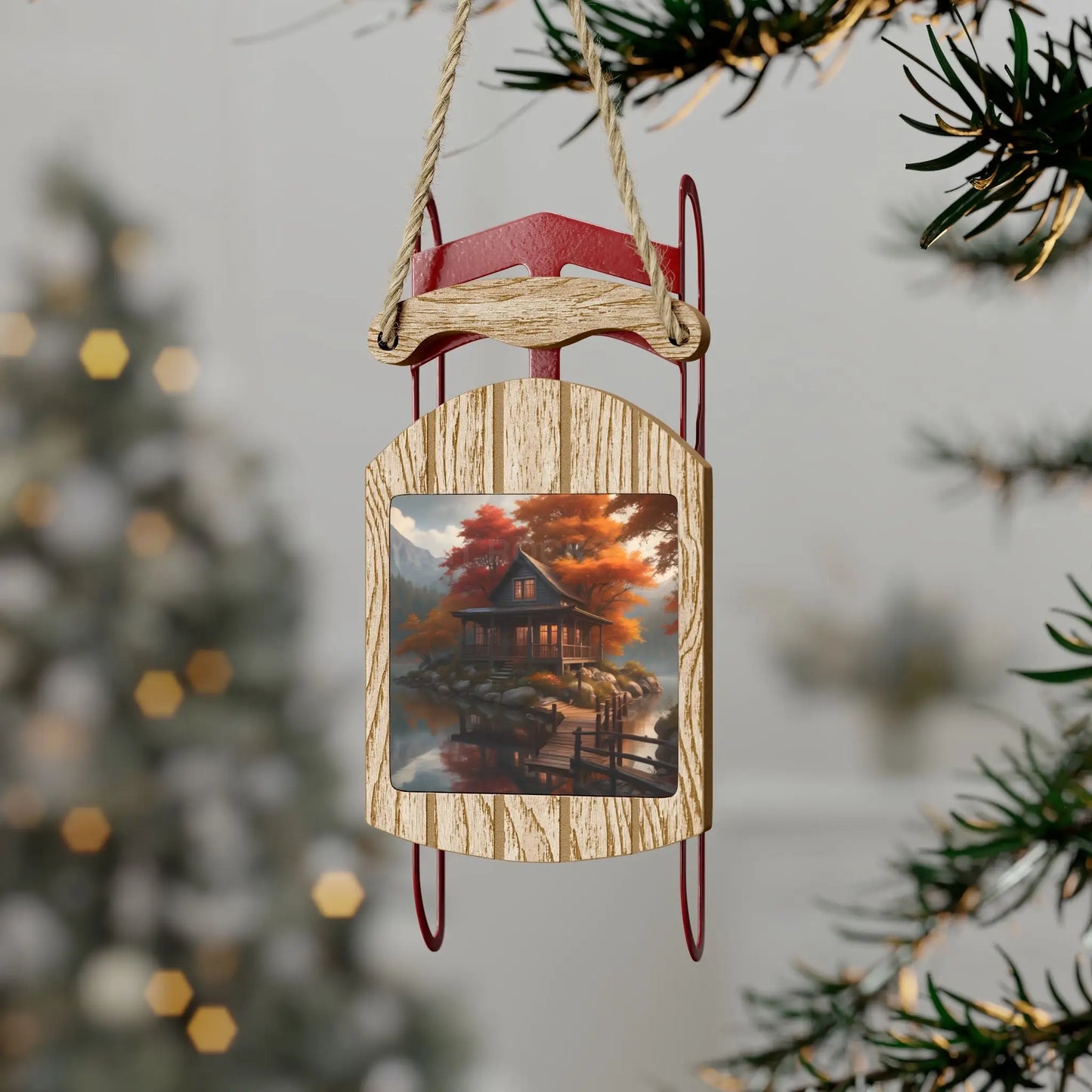 Cabin in the Autumn Lake Sled Ornament — Rustic Fall Cabin Décor - 2.1’’ × 4.6’’ / 1 pc - Home Decor