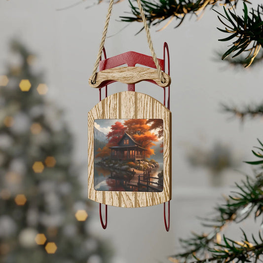 Cabin in the Autumn Lake Sled Ornament — Rustic Fall Cabin Décor - 2.1’’ × 4.6’’ / 1 pc - Home Decor