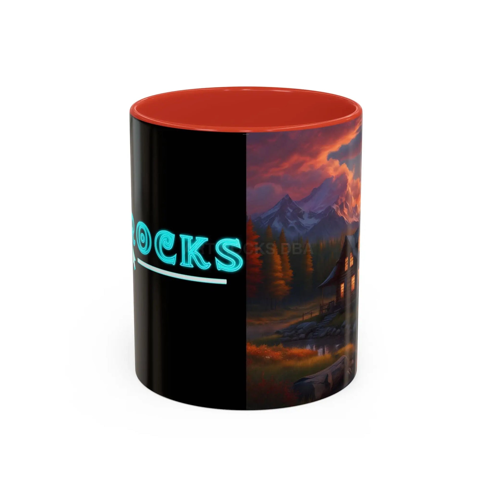 Cabin in the Mountains Sunset Accent Coffee Mug — Cozy Fall Cabin Scene (11/15oz) - Mug