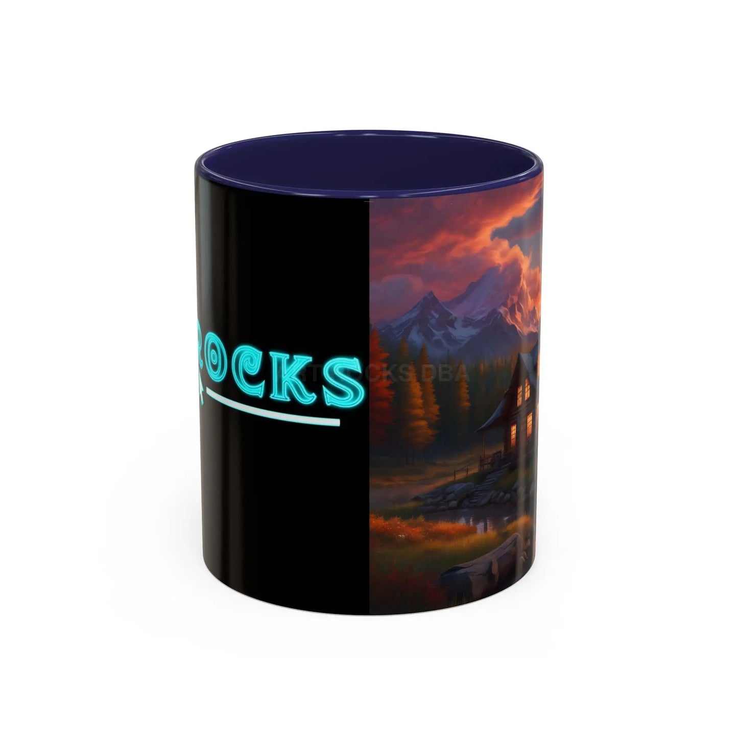 Cabin in the Mountains Sunset Accent Coffee Mug — Cozy Fall Cabin Scene (11/15oz) - 11oz / Navy - Mug