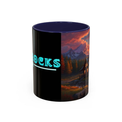 Cabin in the Mountains Sunset Accent Coffee Mug — Cozy Fall Cabin Scene (11/15oz) - 11oz / Navy - Mug