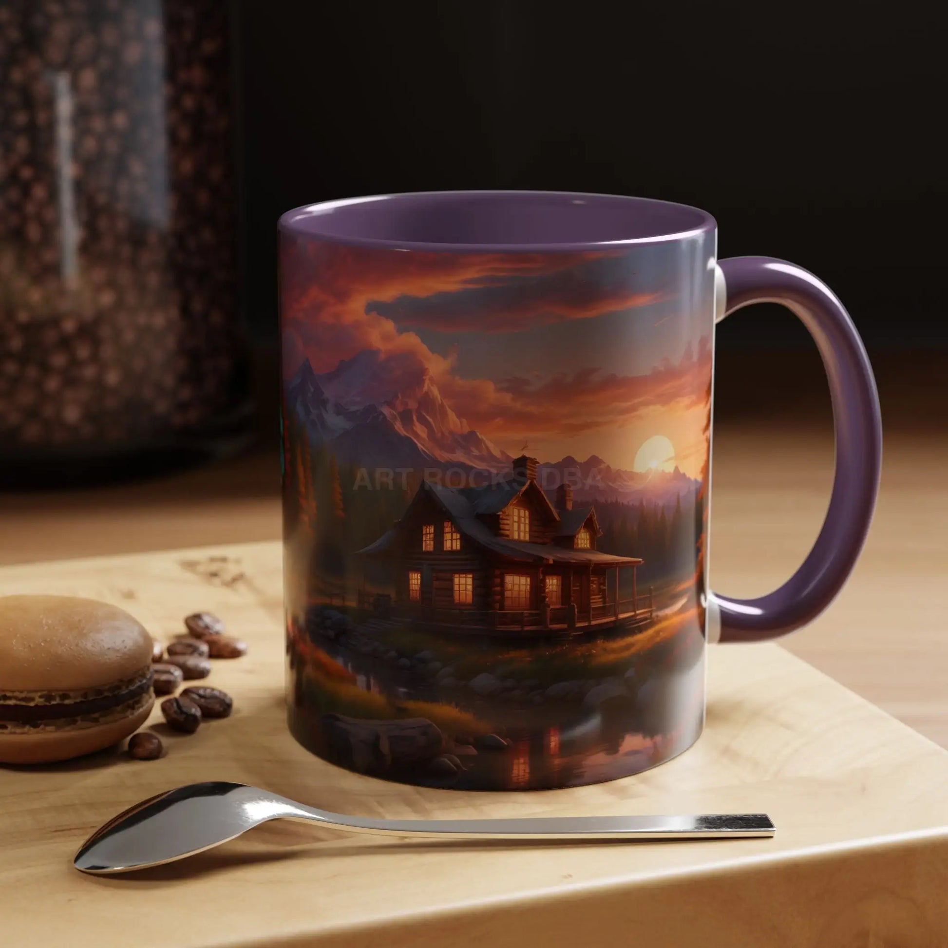 Cabin in the Mountains Sunset Accent Coffee Mug — Cozy Fall Cabin Scene (11/15oz) - Mug