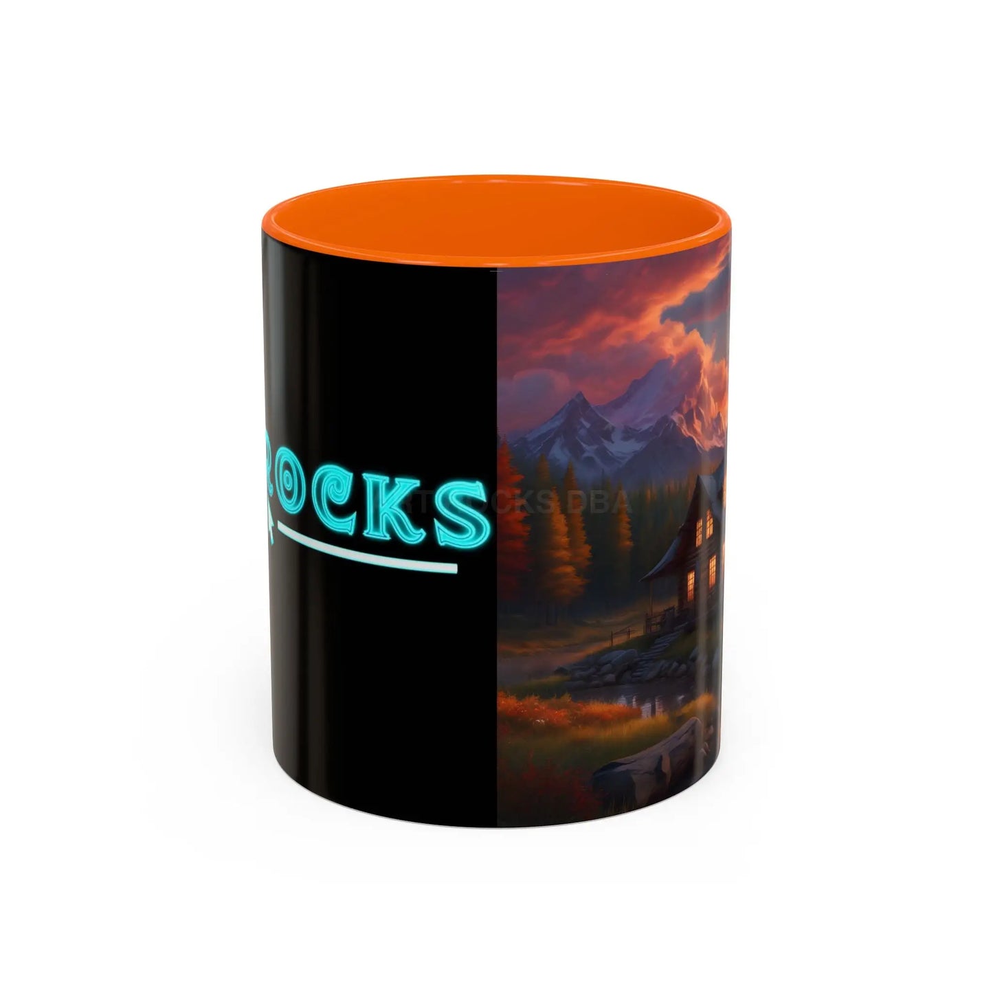 Cabin in the Mountains Sunset Accent Coffee Mug — Cozy Fall Cabin Scene (11/15oz) - 11oz / Orange - Mug