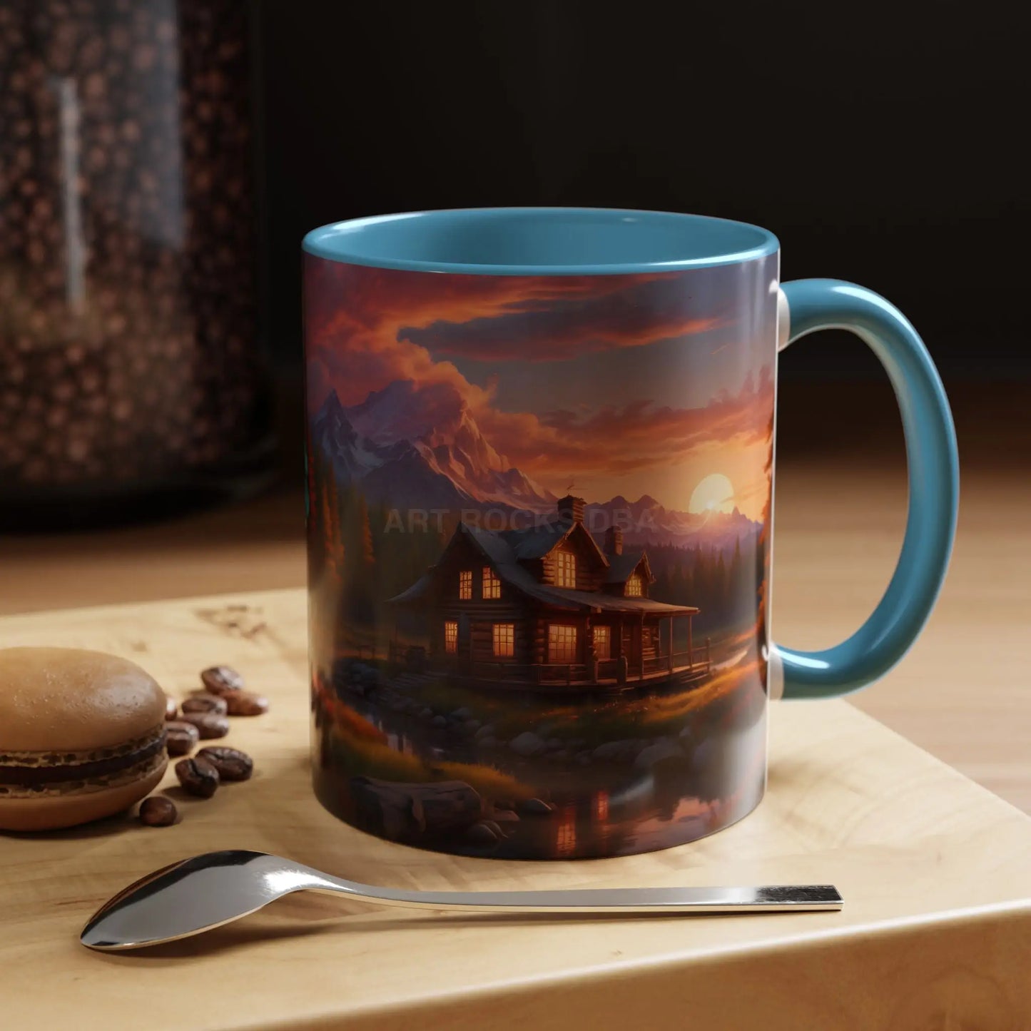 Cabin in the Mountains Sunset Accent Coffee Mug — Cozy Fall Cabin Scene (11/15oz) - Mug