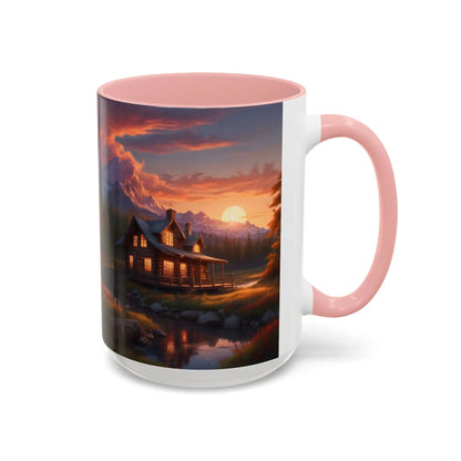 Cabin in the Mountains Sunset Accent Coffee Mug — Cozy Fall Cabin Scene (11/15oz) - Mug
