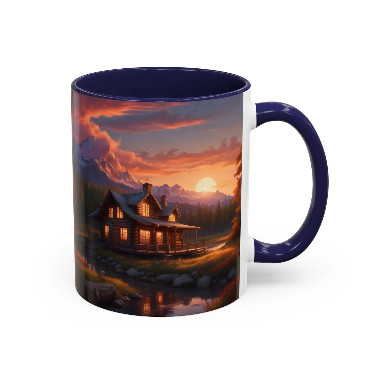 Cabin in the Mountains Sunset Accent Coffee Mug — Cozy Fall Cabin Scene (11/15oz) - Mug