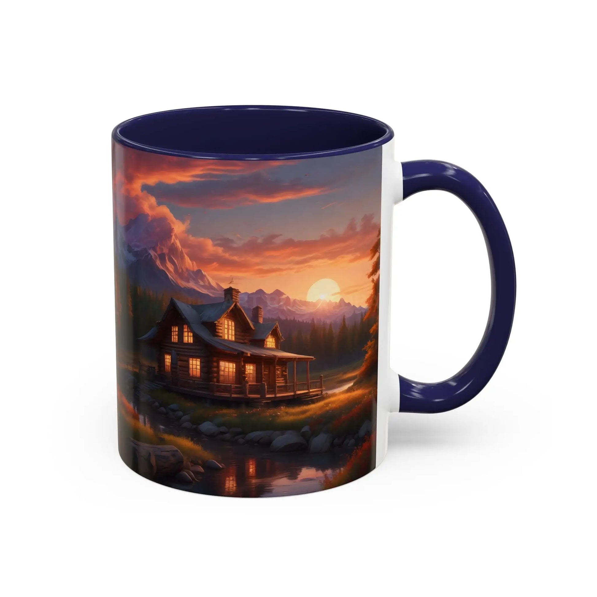 Cabin in the Mountains Sunset Accent Coffee Mug — Cozy Fall Cabin Scene (11/15oz) - Mug