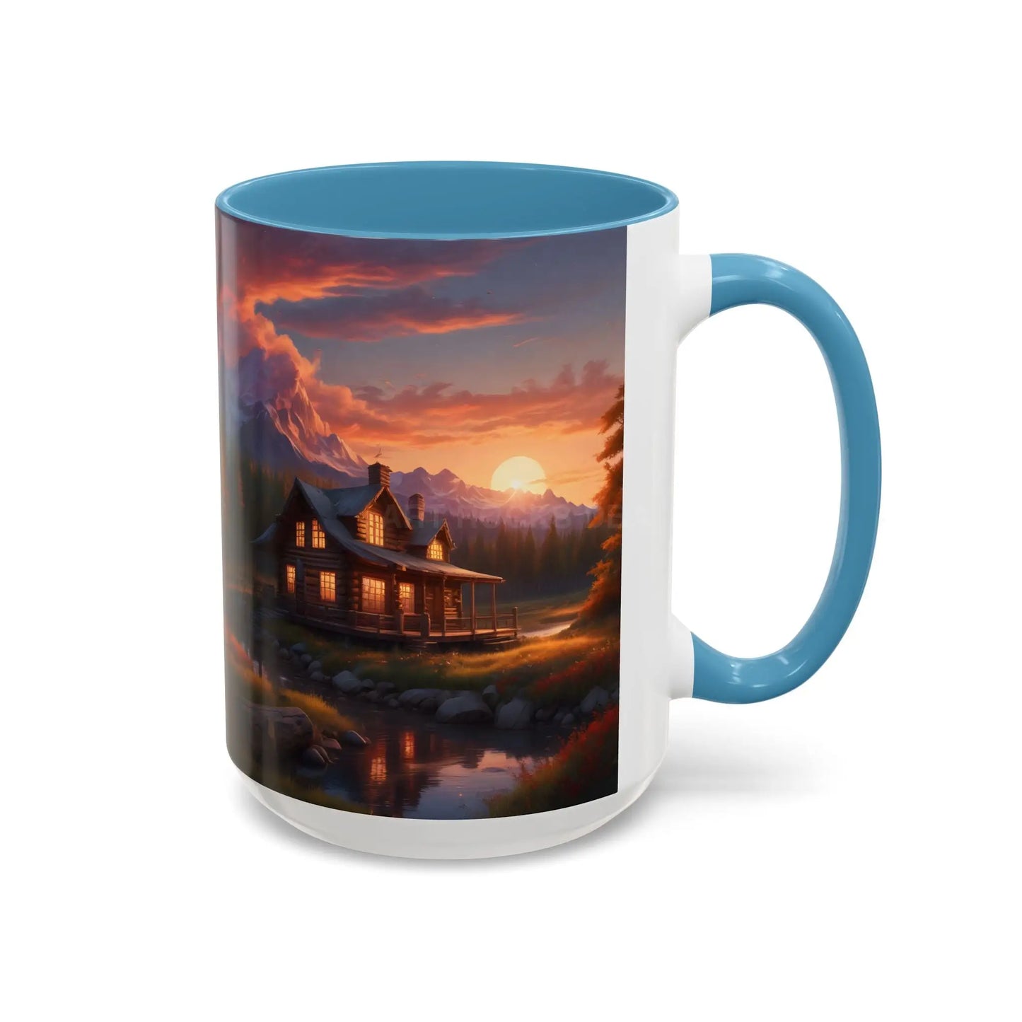 Cabin in the Mountains Sunset Accent Coffee Mug — Cozy Fall Cabin Scene (11/15oz) - Mug