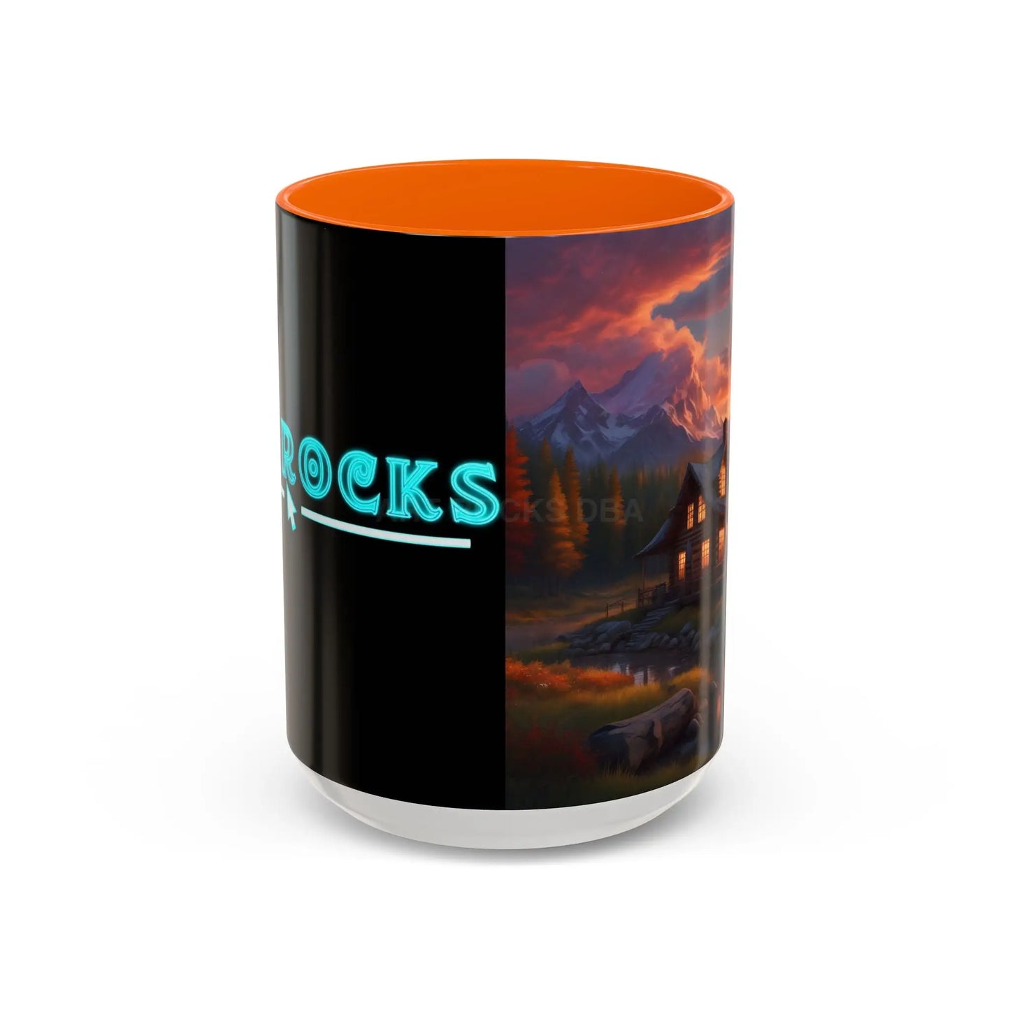Cabin in the Mountains Sunset Accent Coffee Mug — Cozy Fall Cabin Scene (11/15oz) - 15oz / Orange - Mug