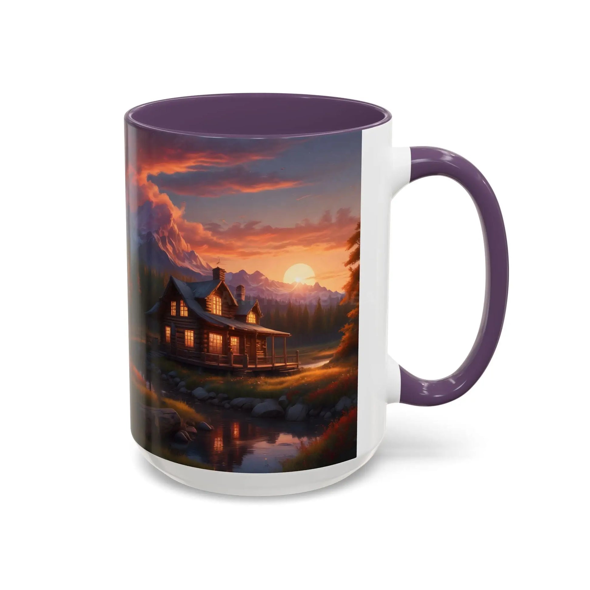 Cabin in the Mountains Sunset Accent Coffee Mug — Cozy Fall Cabin Scene (11/15oz) - Mug