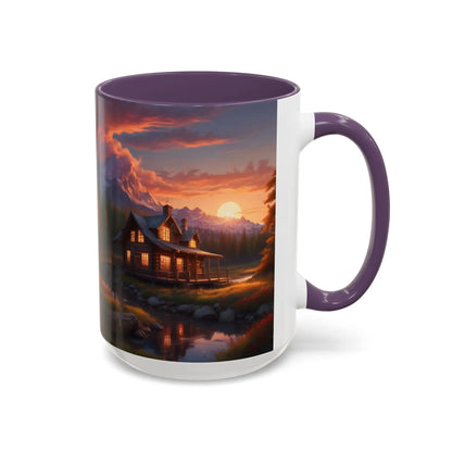 Cabin in the Mountains Sunset Accent Coffee Mug — Cozy Fall Cabin Scene (11/15oz) - Mug