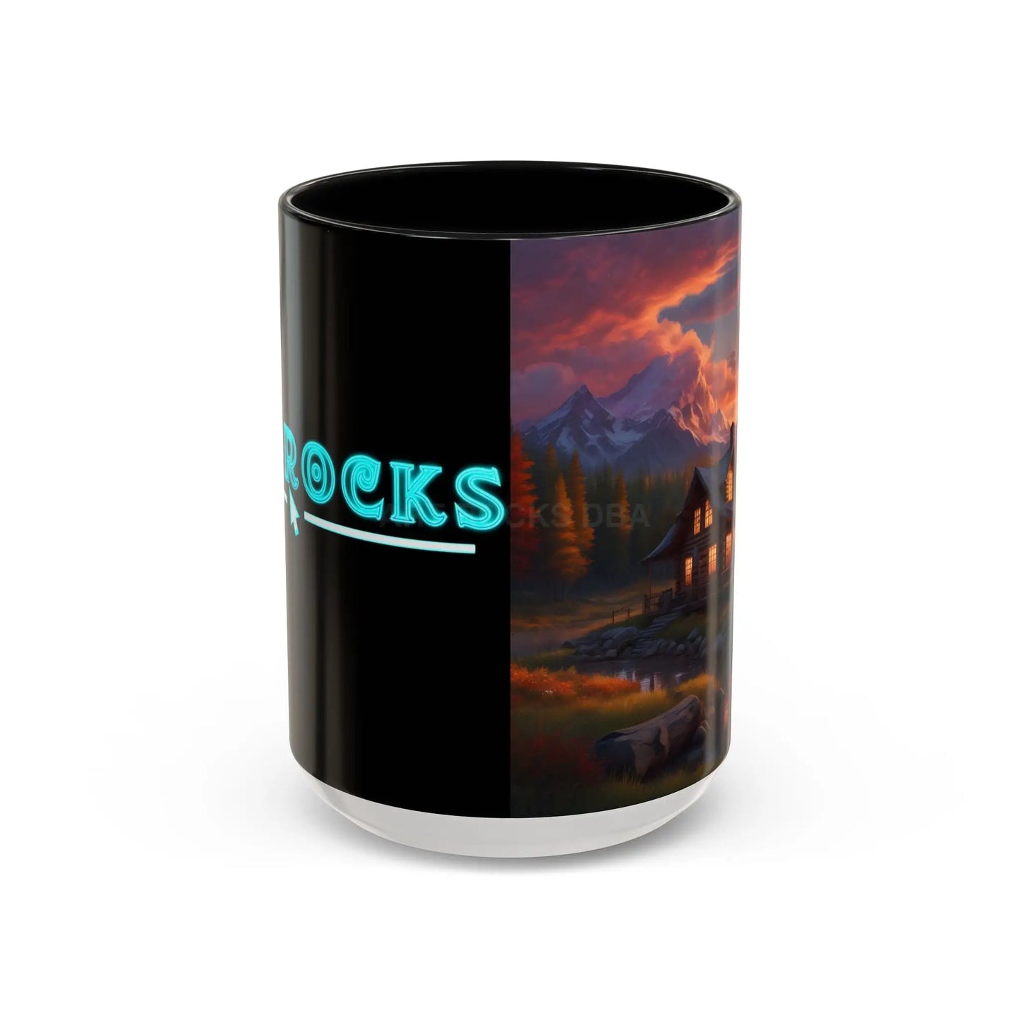 Cabin in the Mountains Sunset Accent Coffee Mug — Cozy Fall Cabin Scene (11/15oz) - 15oz / Black - Mug