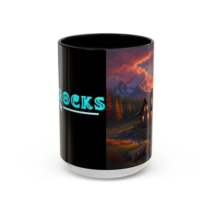 Cabin in the Mountains Sunset Accent Coffee Mug — Cozy Fall Cabin Scene (11/15oz) - 15oz / Black - Mug