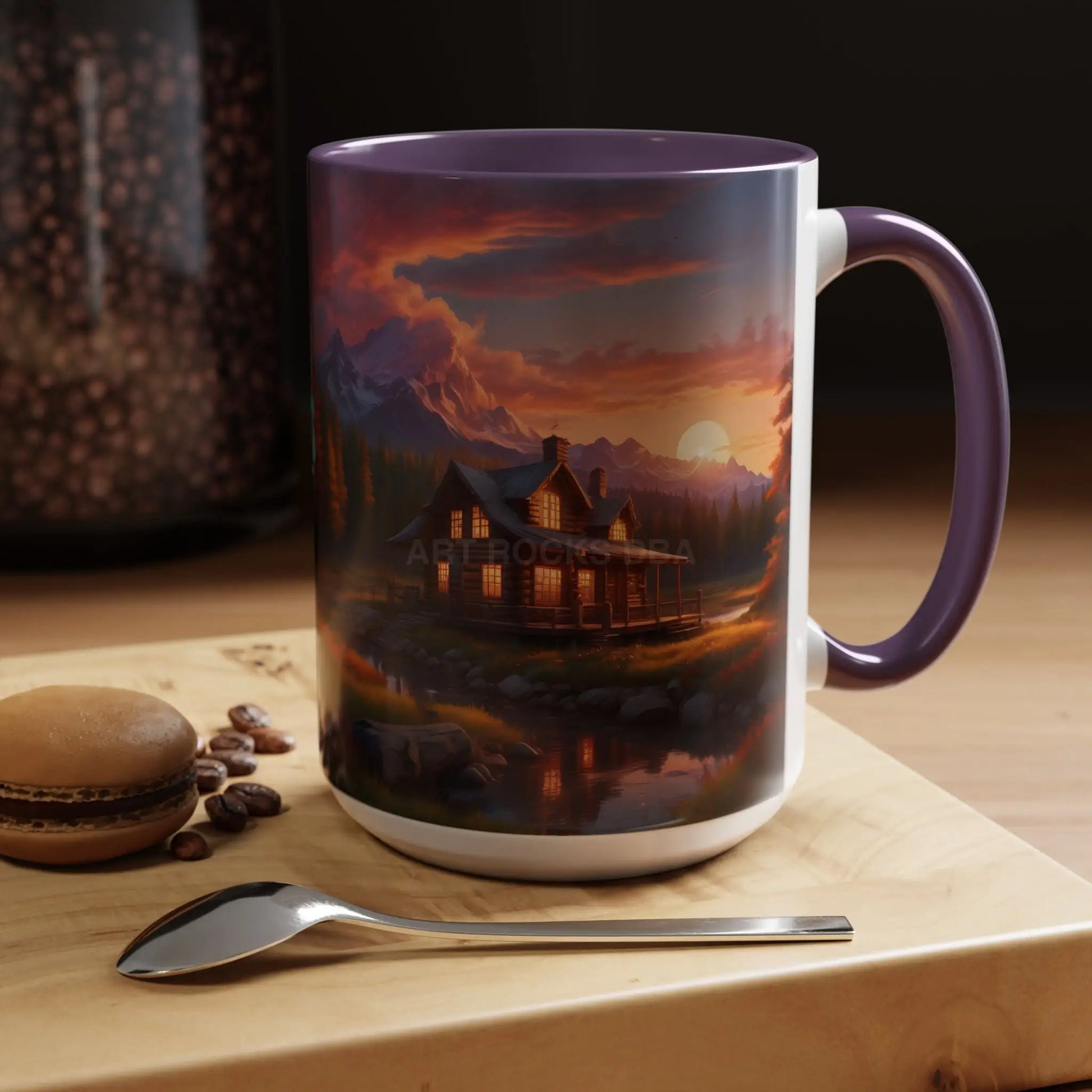 Cabin in the Mountains Sunset Accent Coffee Mug — Cozy Fall Cabin Scene (11/15oz) - Mug